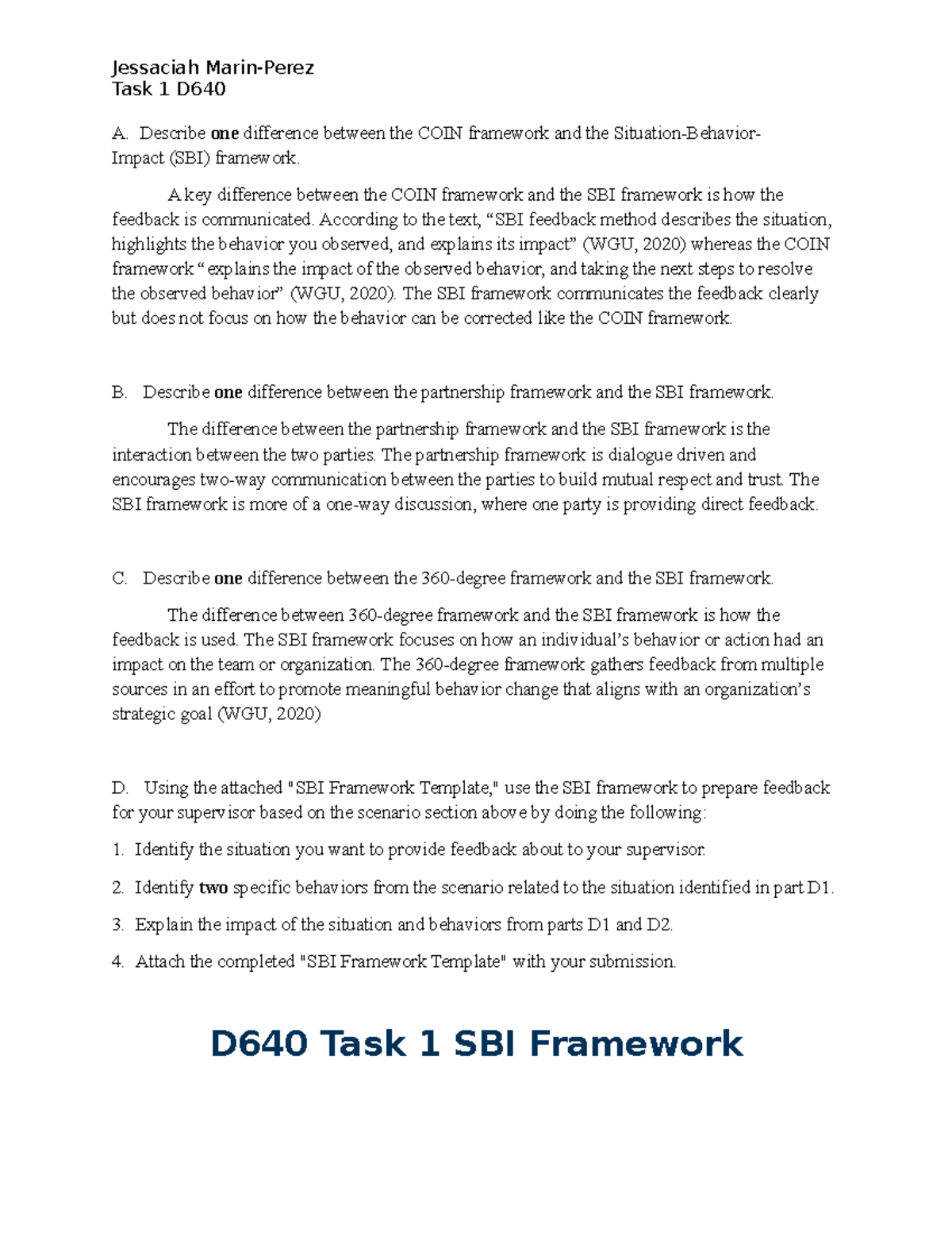 Task 1 D640 - Comparing COIN and SBI Frameworks in Feedback - Studocu