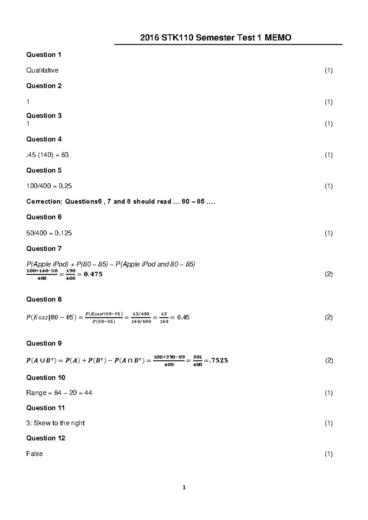 2016 STK110 Semester Test 1 Memo Solutions and Corrections - Studocu