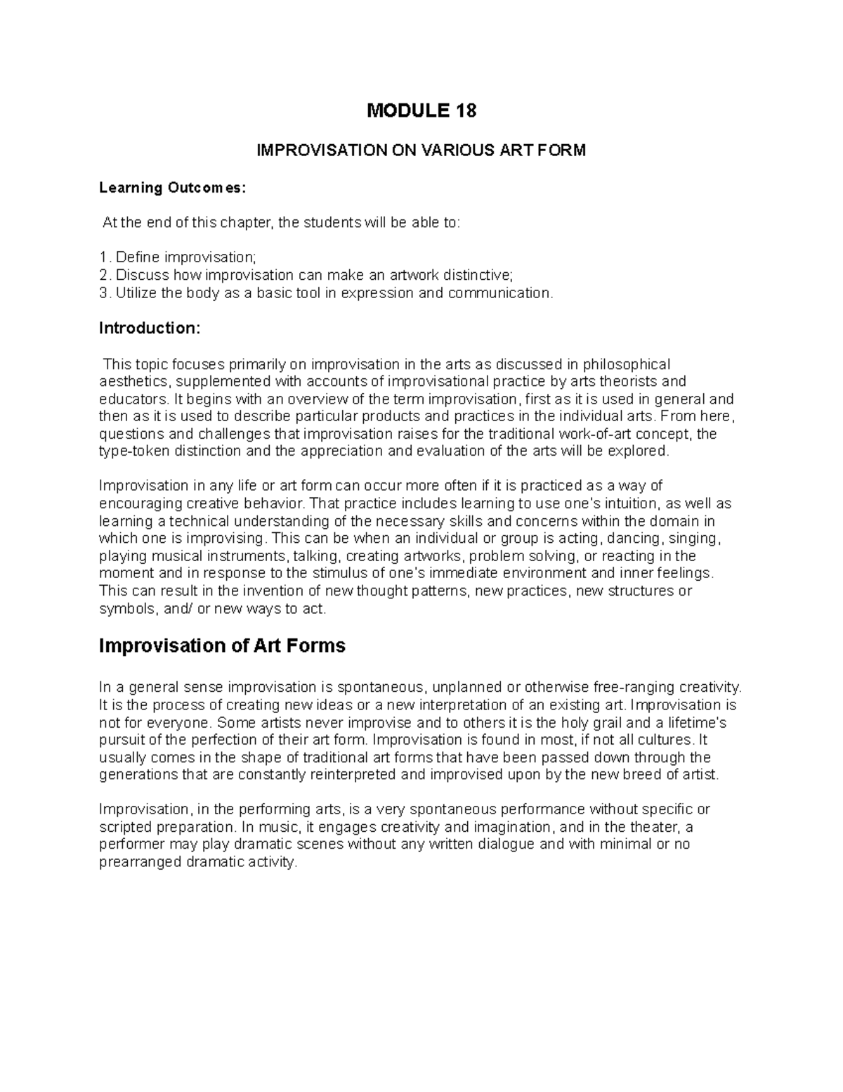 HUM 1 Module 18: Exploring Improvisation in Various Art Forms - Studocu