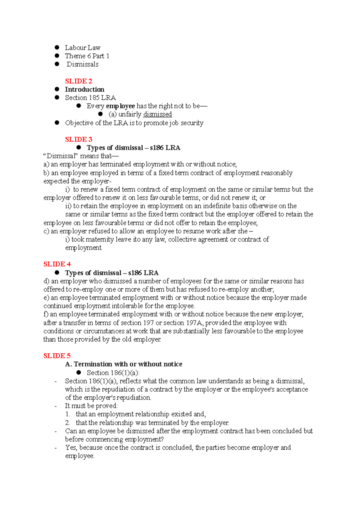 Theme 6 PART 1 - Notes taken - Labour Law Theme 6 Part 1 Dismissals ...