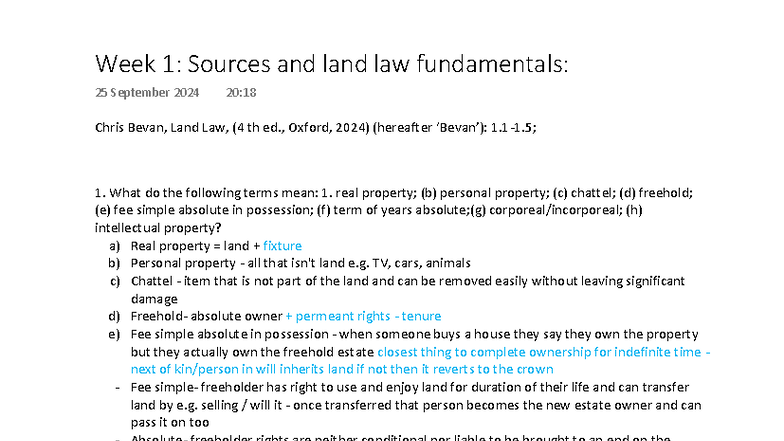 Week 1: Land Law Fundamentals and Key Concepts (LAW101) - Studocu