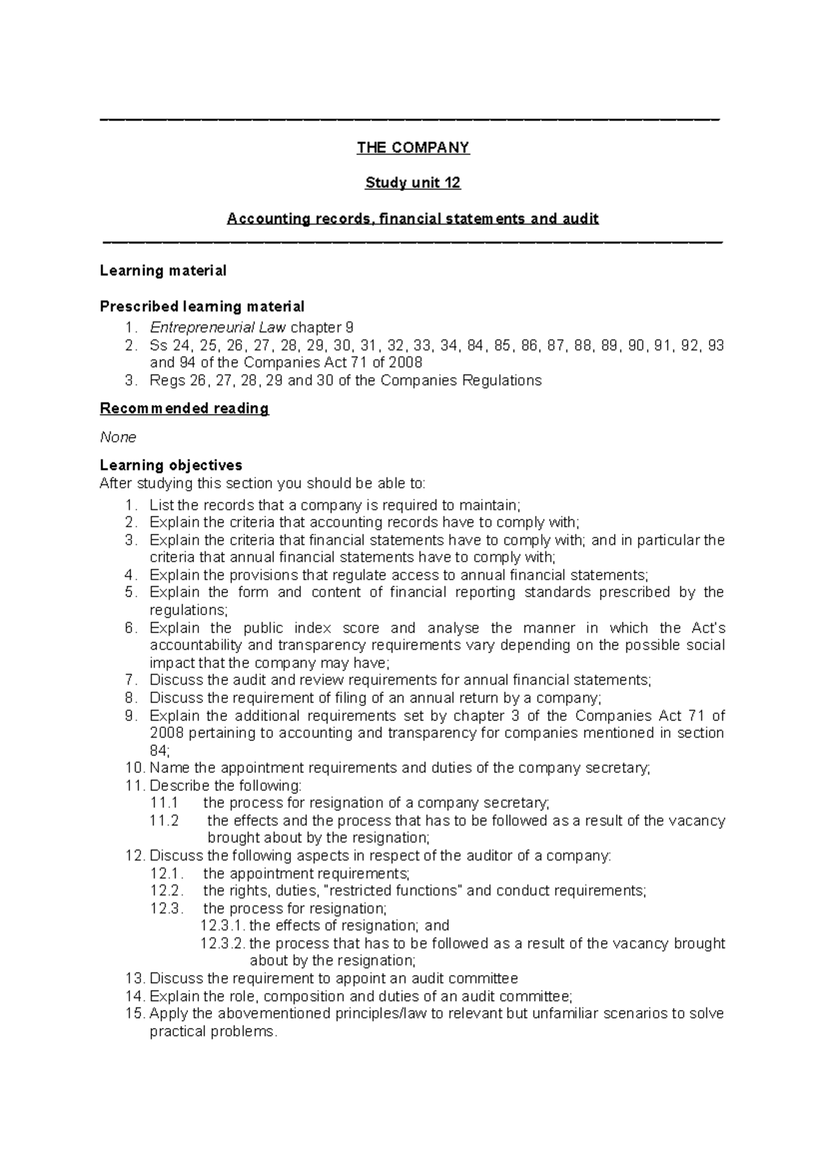 Study Unit 12 - Accounting records FS and audit(1) - - Studocu