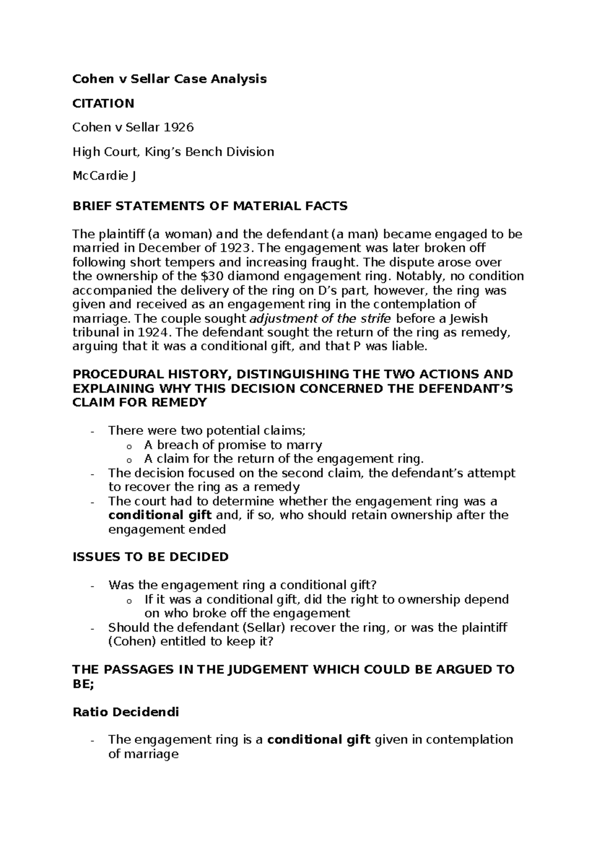 Cohen v Sellar Case Summary: Conditional Gift Analysis in Law - Studocu