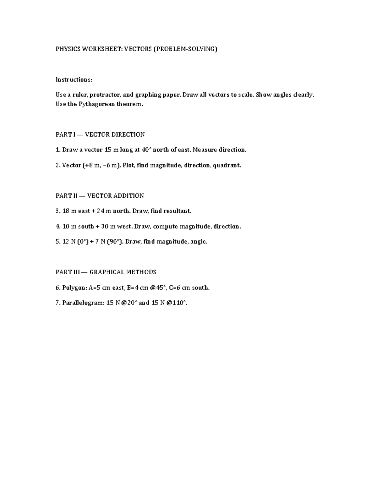 PHYS 101: Vector Worksheet and Graphical Methods Guide - Studocu