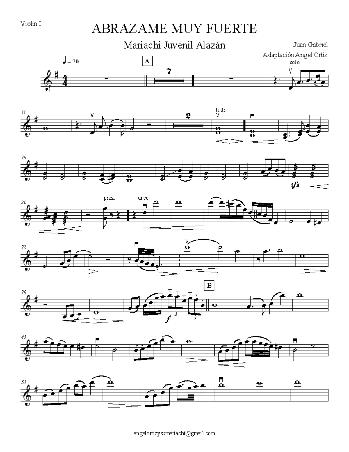 Violin I - Abrazame Muy Fuerte (Juan Gabriel) - Mariachi Juvenil Alazán - Document Preview