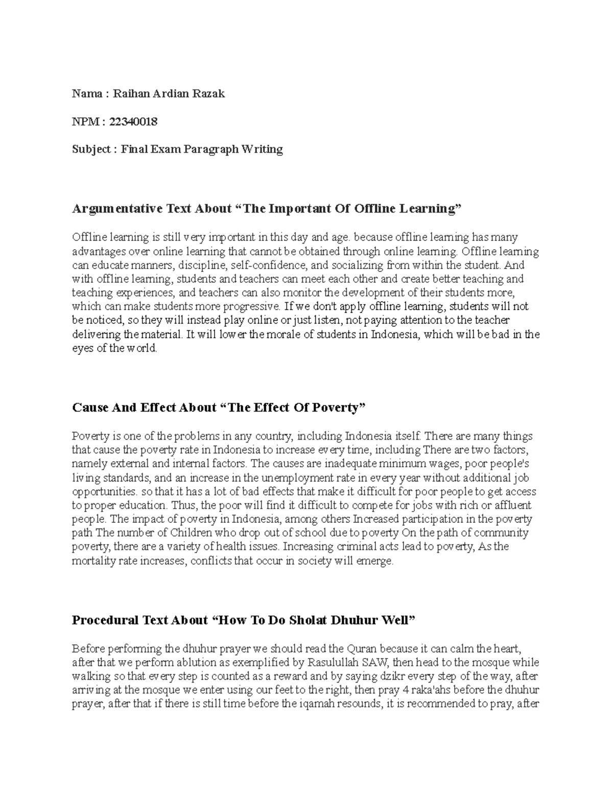 Final Exam Assignment MR DEDI - Paragraph Writing Focus - Studocu