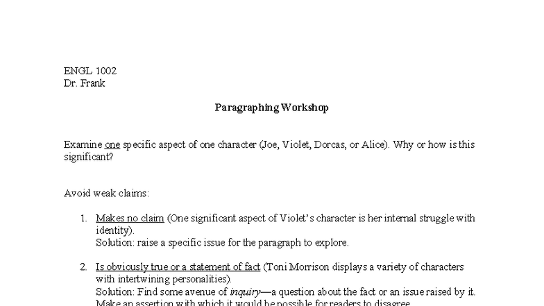ENGL 1002 Dr. Frank Character Analysis Workshop: Revising Thesis ...