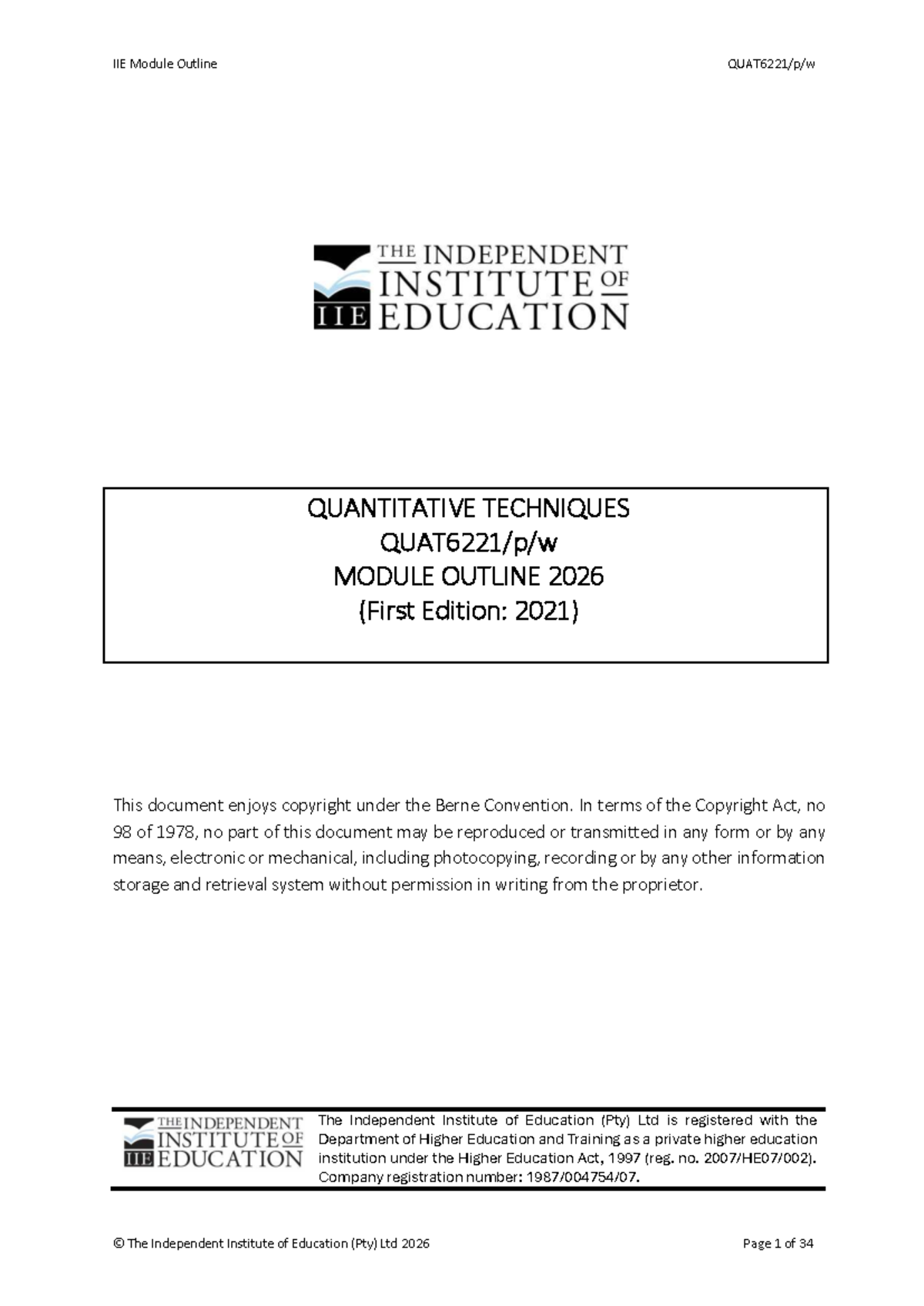 QUAT6221 Module Outline: Quantitative Techniques Overview 2026 - Studocu