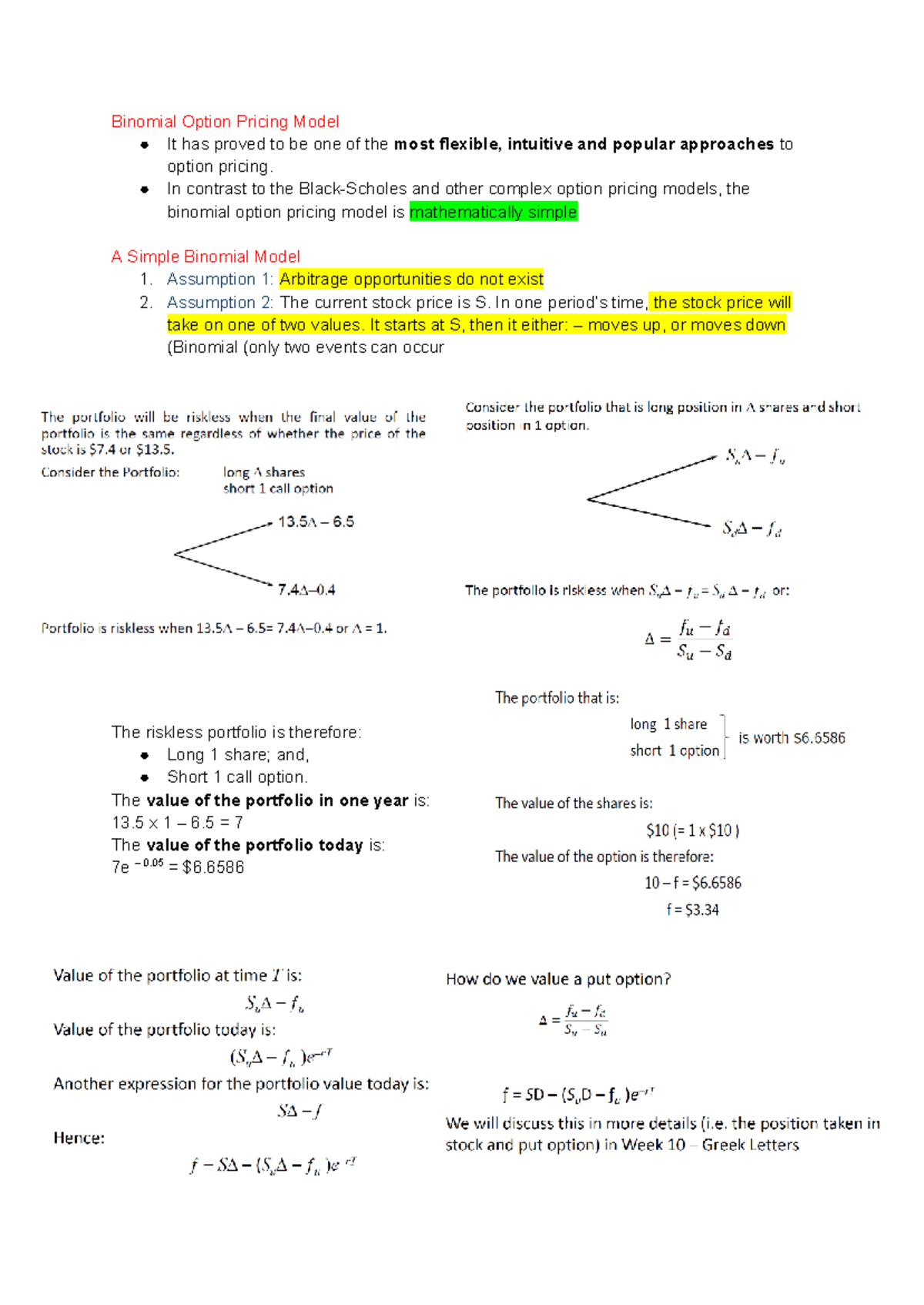 Derivatives (FIN 301) - Week 5: Binomial Option Pricing Model Notes ...