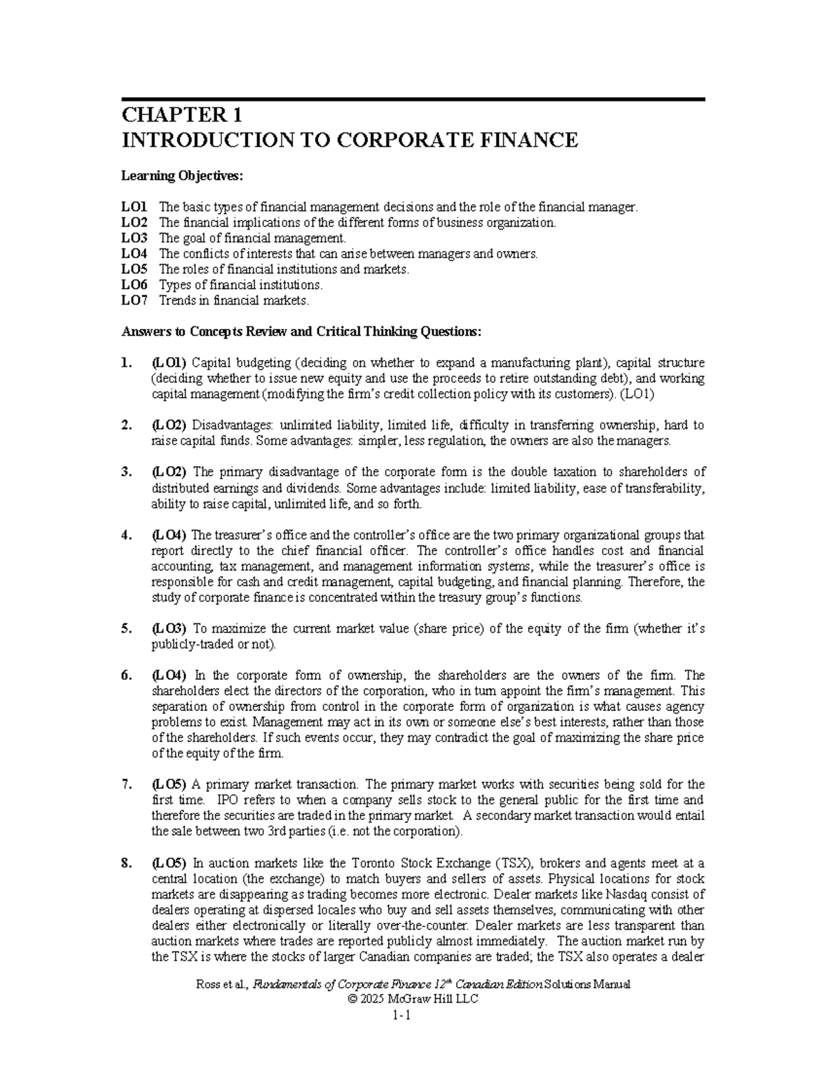 Ross FCF 12ce SM Ch01 Final: Intro to Corporate Finance Concepts - Studocu