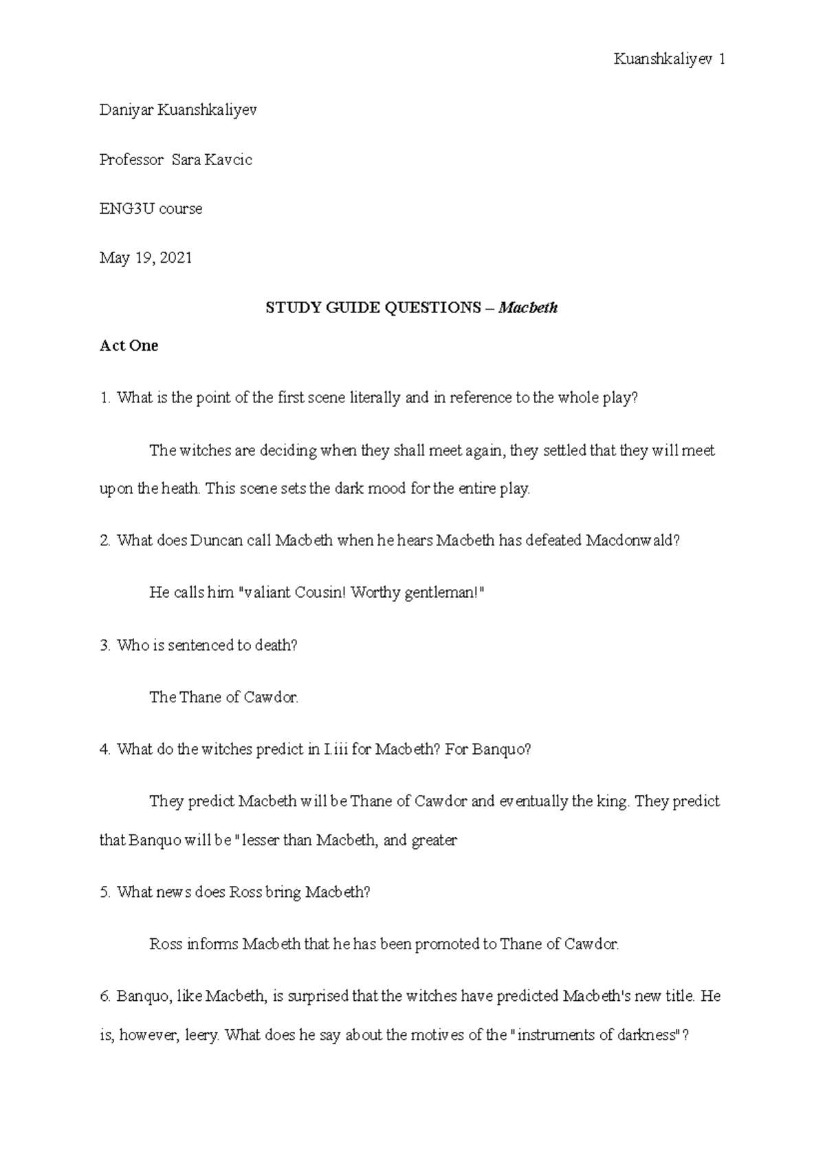 ENG3U Unit 4 Macbeth Study Guide Answers and Analysis - Studocu