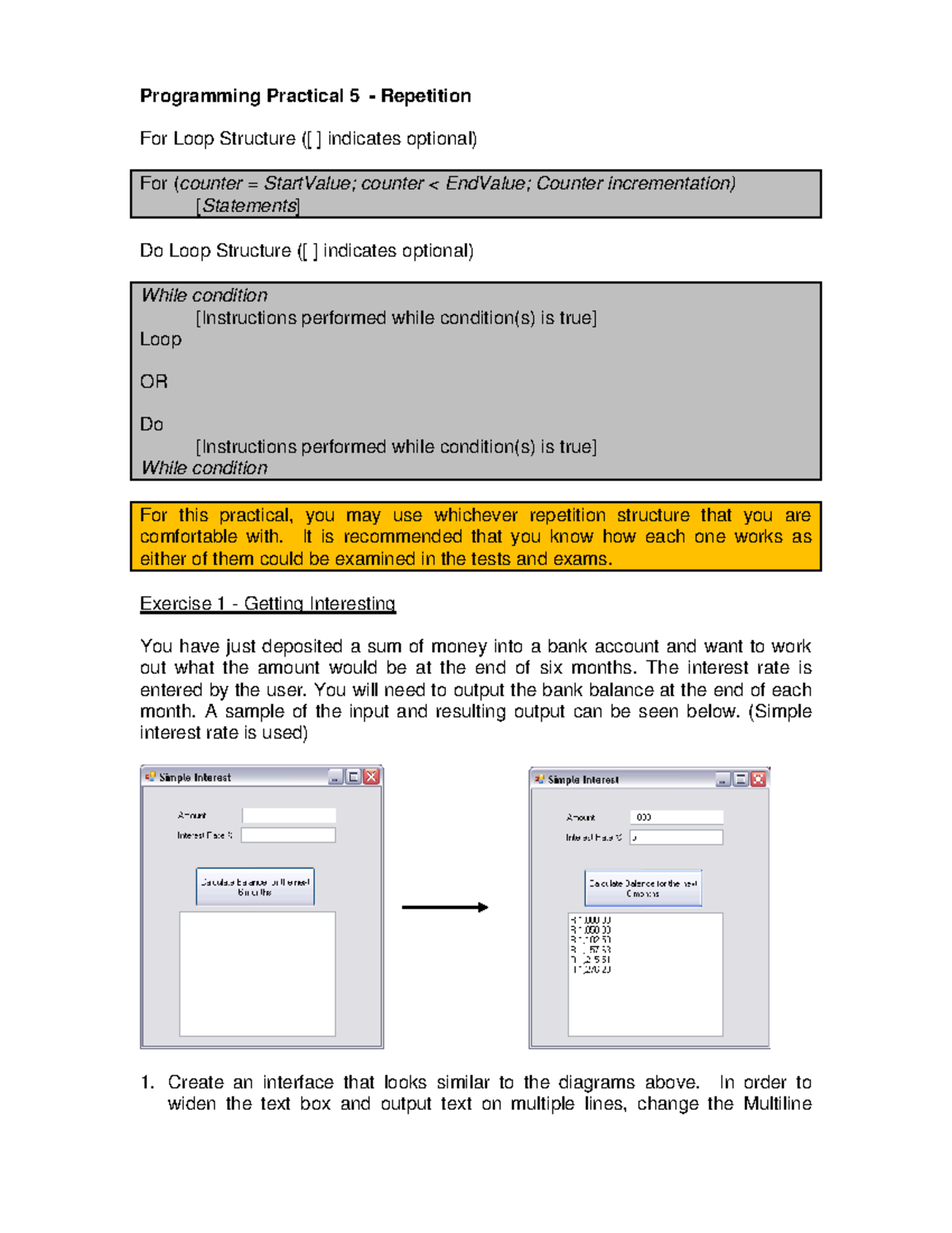 Programming Practical 05 - Solution - For Loop Structure ([ ] indicates ...