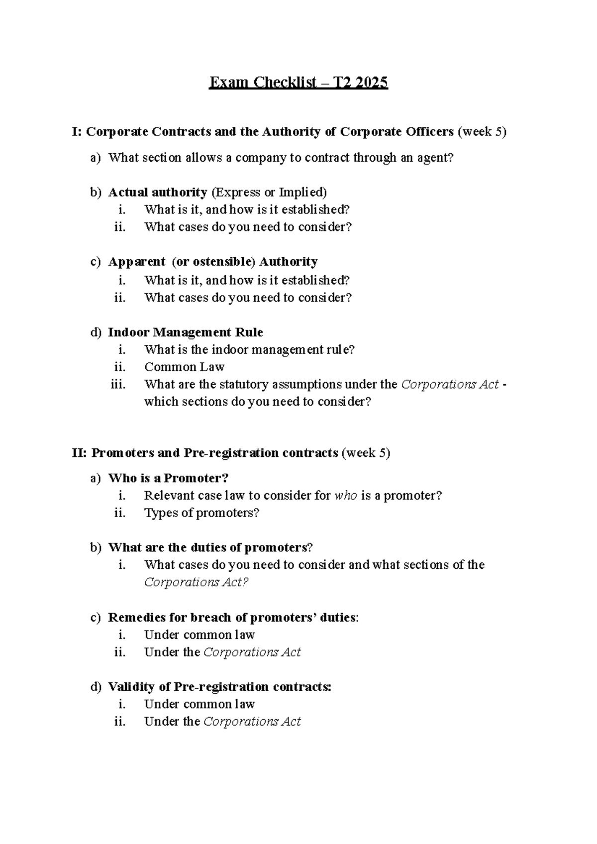 Exam Checklist – T2 2025: Corporate Contracts & Authority of Officers ...