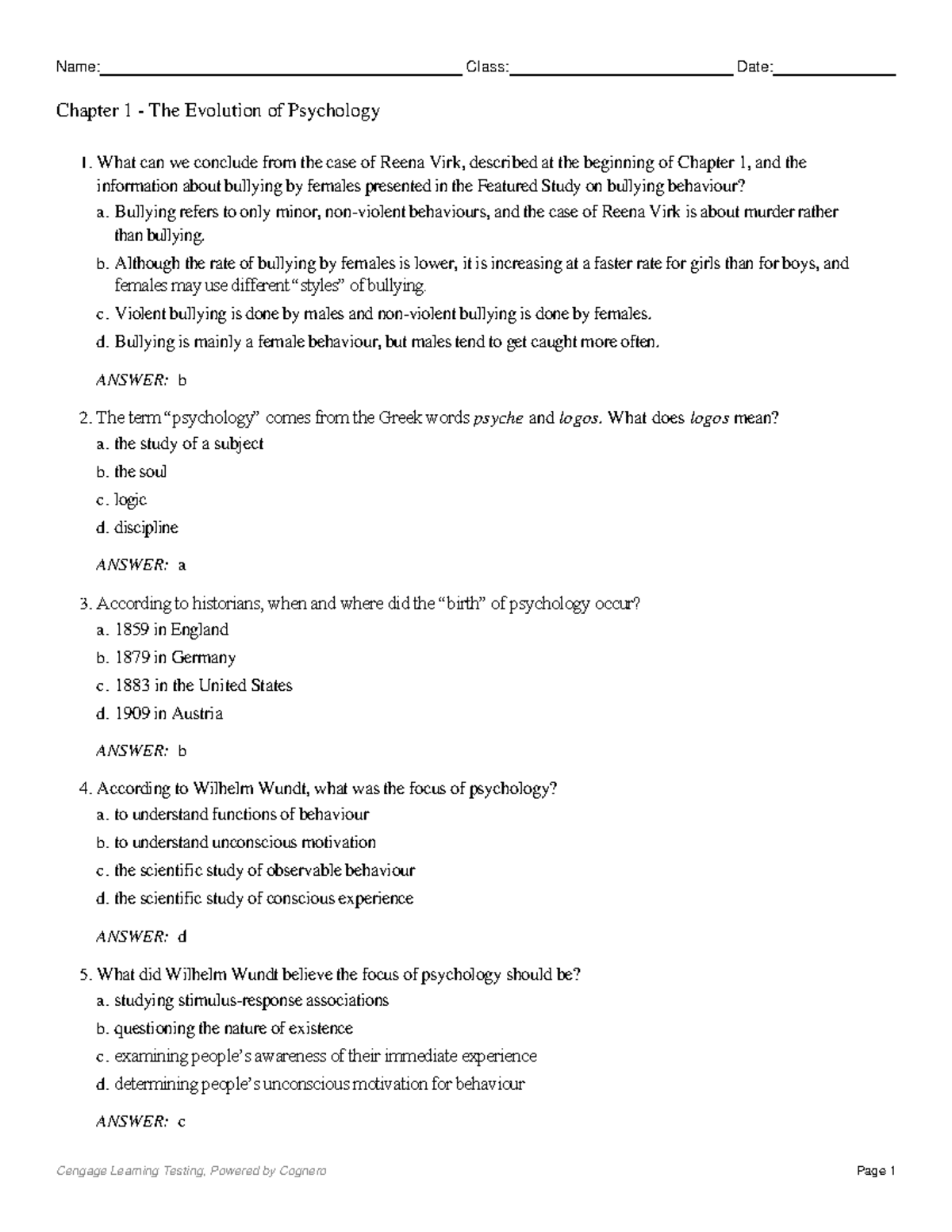 The evolution of psychology - Name: Class: Date: Chapter 1 - The ...