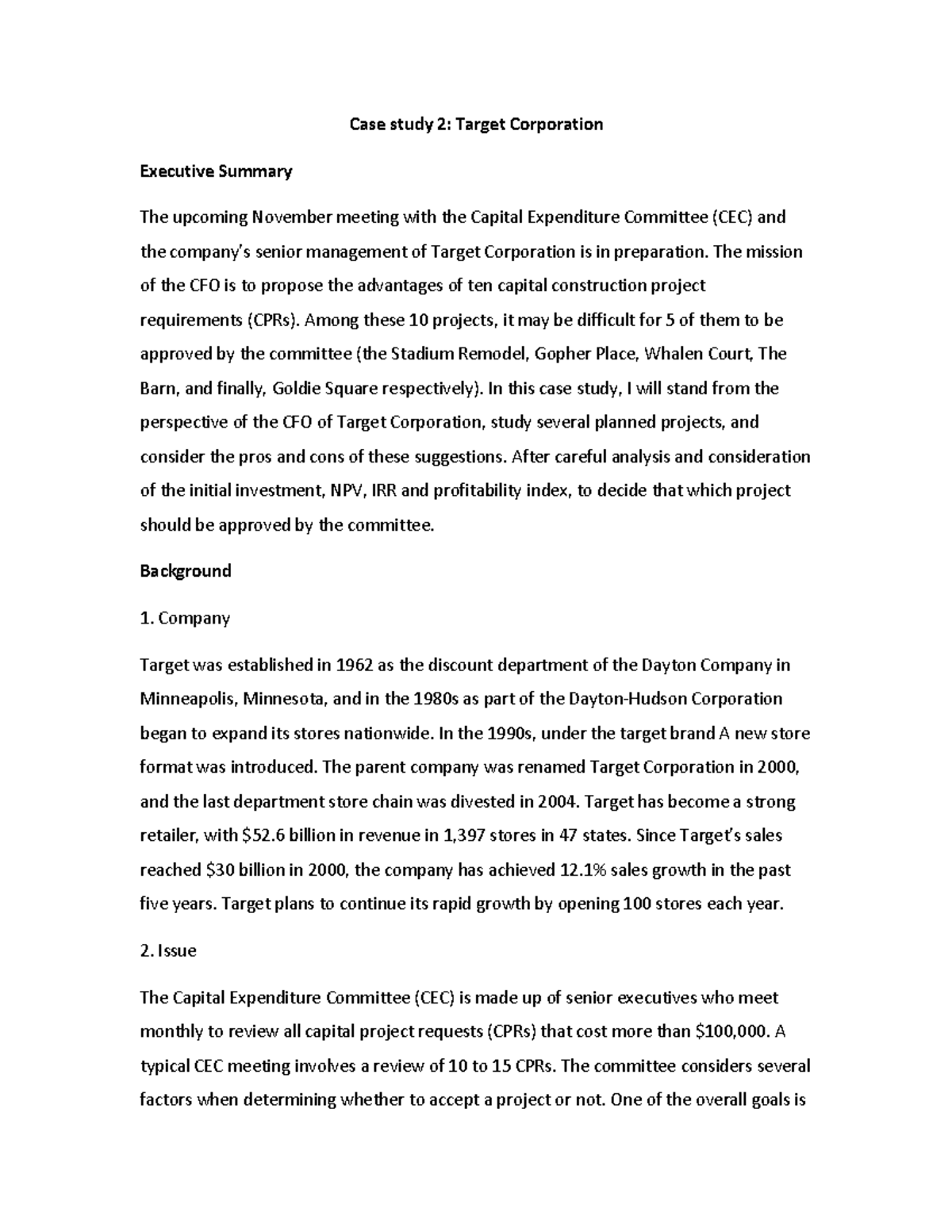 Target Corporation Case Study Solution: Evaluating Capital Projects ...