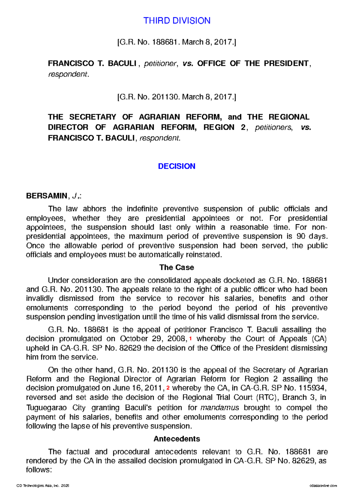Baculi v. Office of the President: G.R. Nos. 188681 & 201130 Decision ...