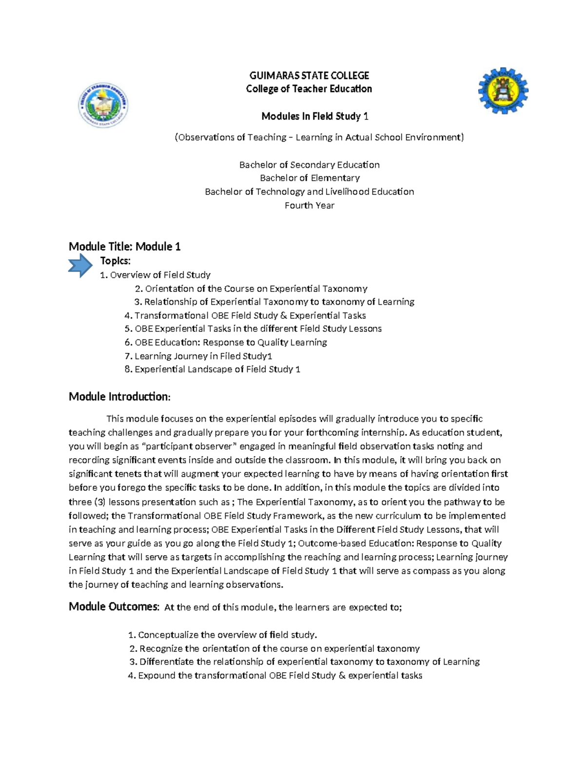 Field Study 1 Module 1: Observations and Experiential Learning in ...