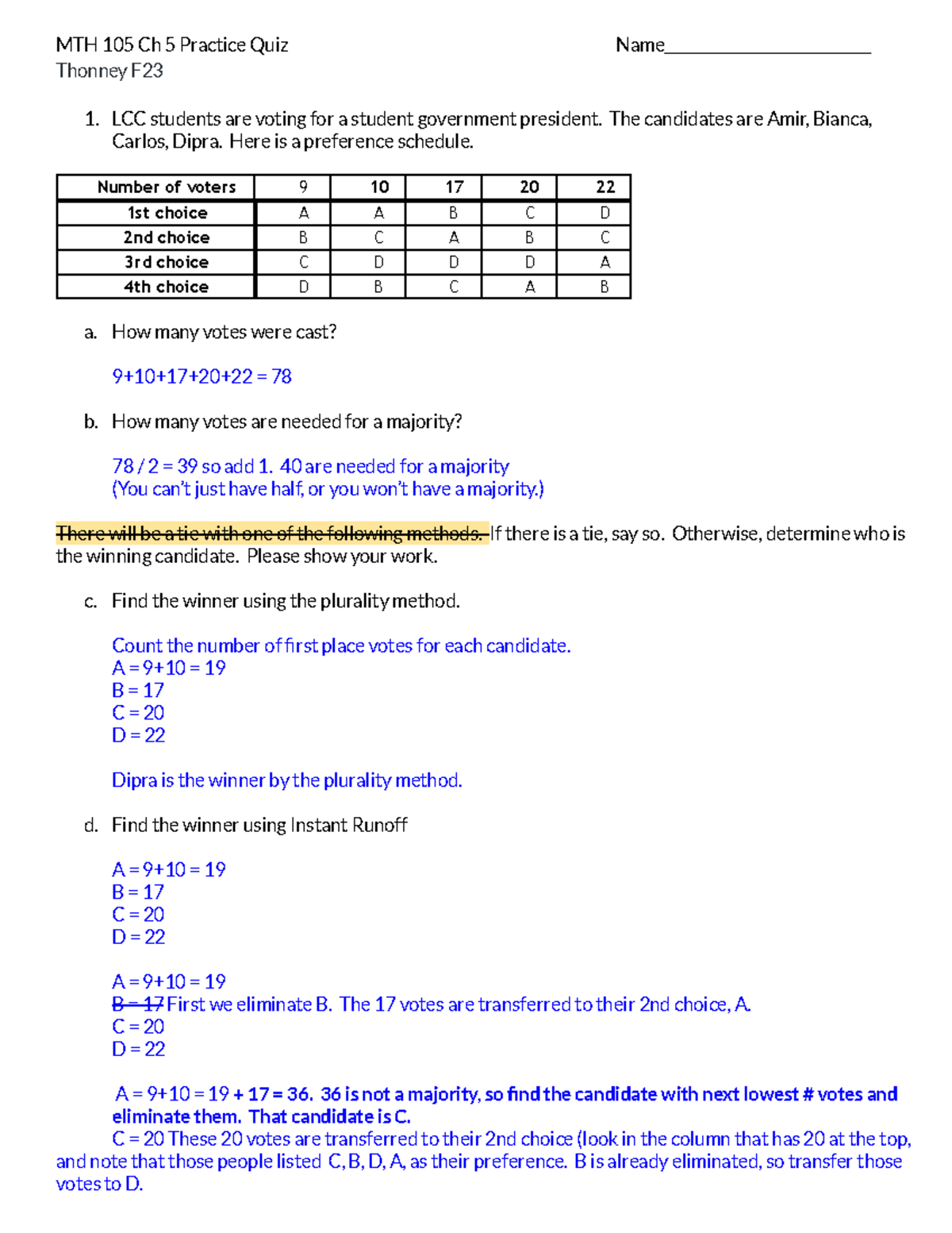 MTH105 Ch 5 Quiz Solutions - Analysis of Electoral Methods and Voting ...