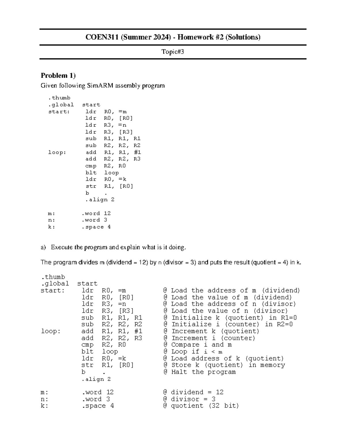 COEN311 (Summer 2024) Homework 2 Solutions: SimARM Assembly Programs ...