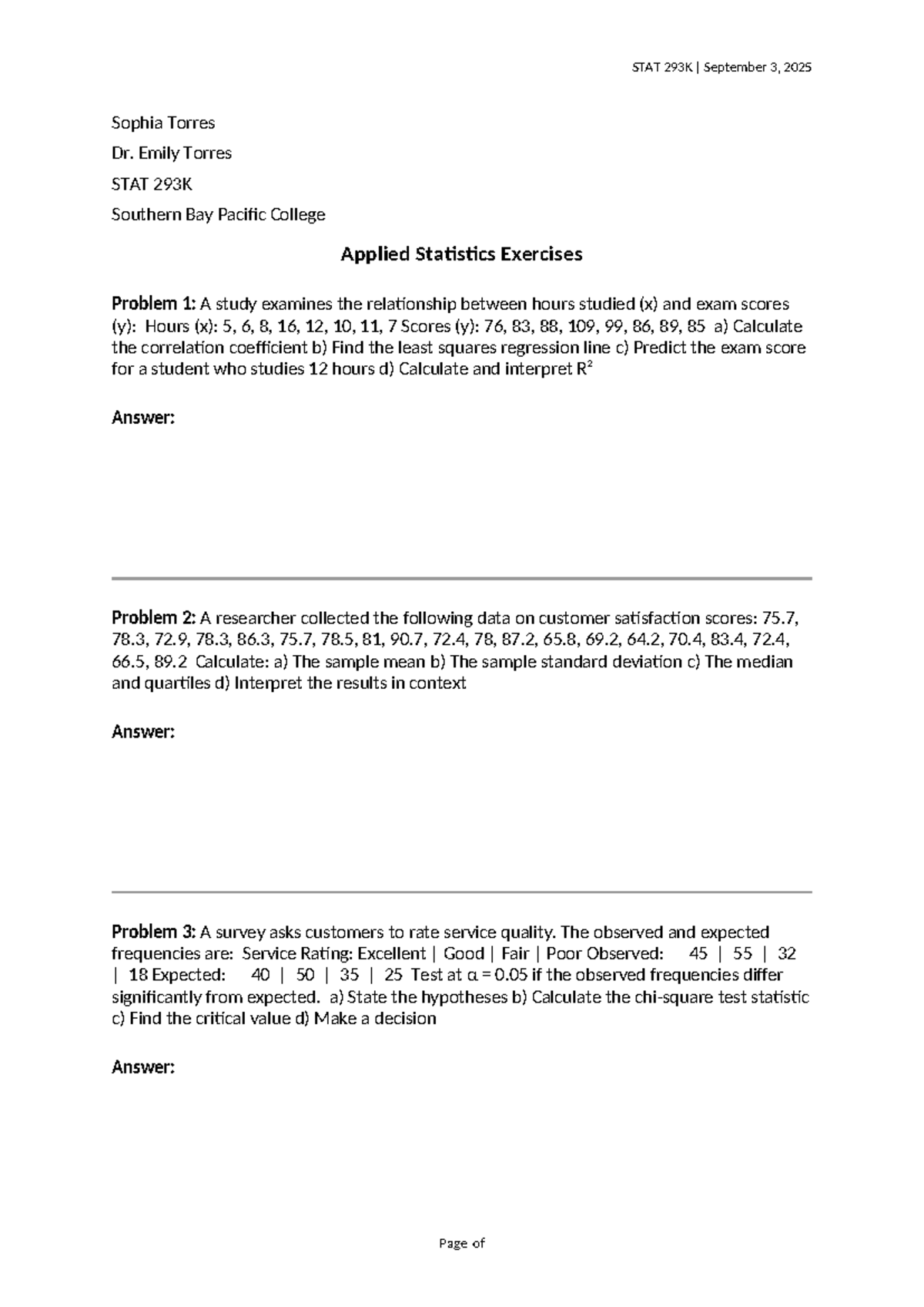 STAT 293K Applied Statistics Exercises and Solutions - Studocu