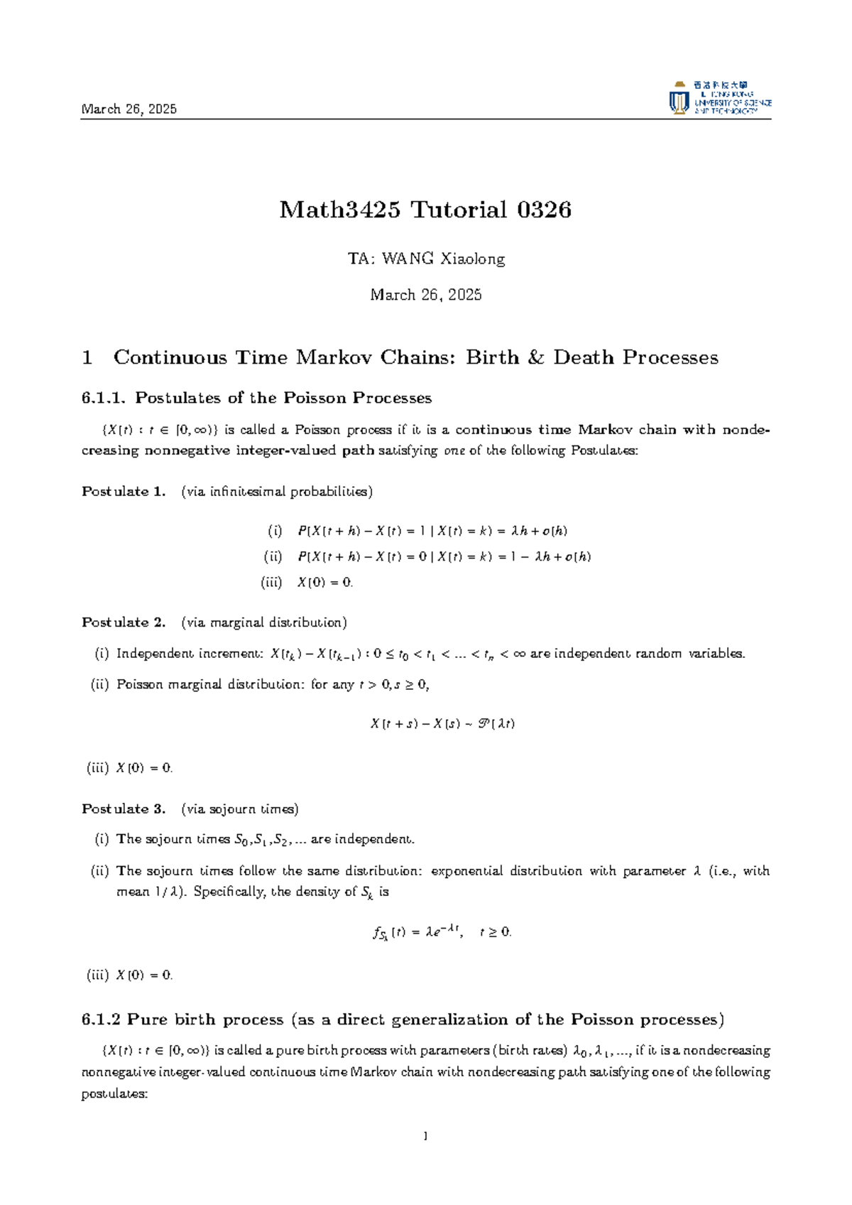 Math3425 Tutorial Notes: Continuous Time Markov Chains & Poisson ...