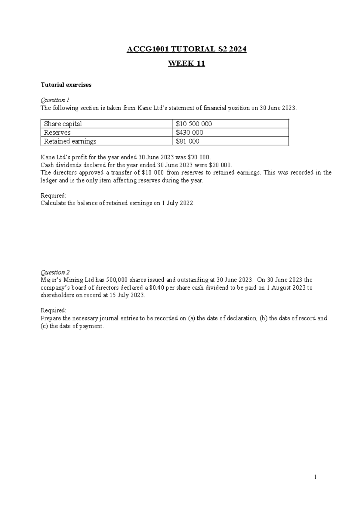 ACCG1001 Week 11 Tutorial Exercises for S2 2024 - Studocu