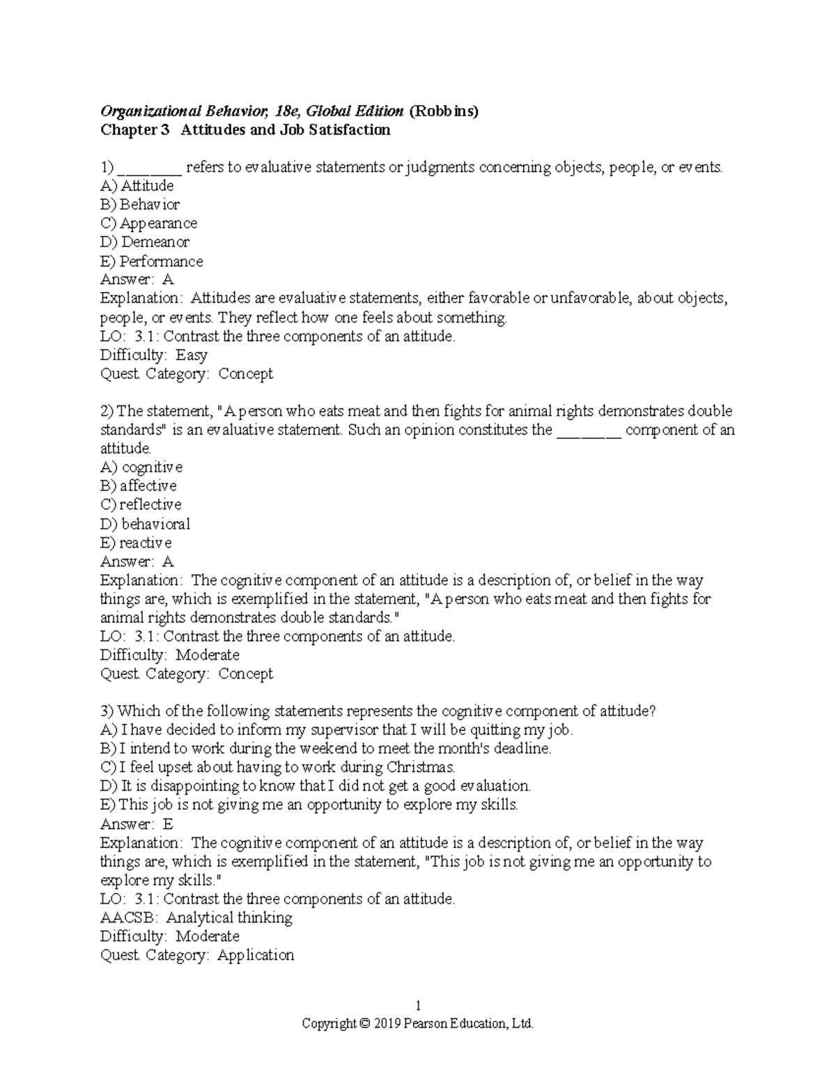 OB Test Bank Chapter 3: Attitudes & Job Satisfaction Insights - Studocu