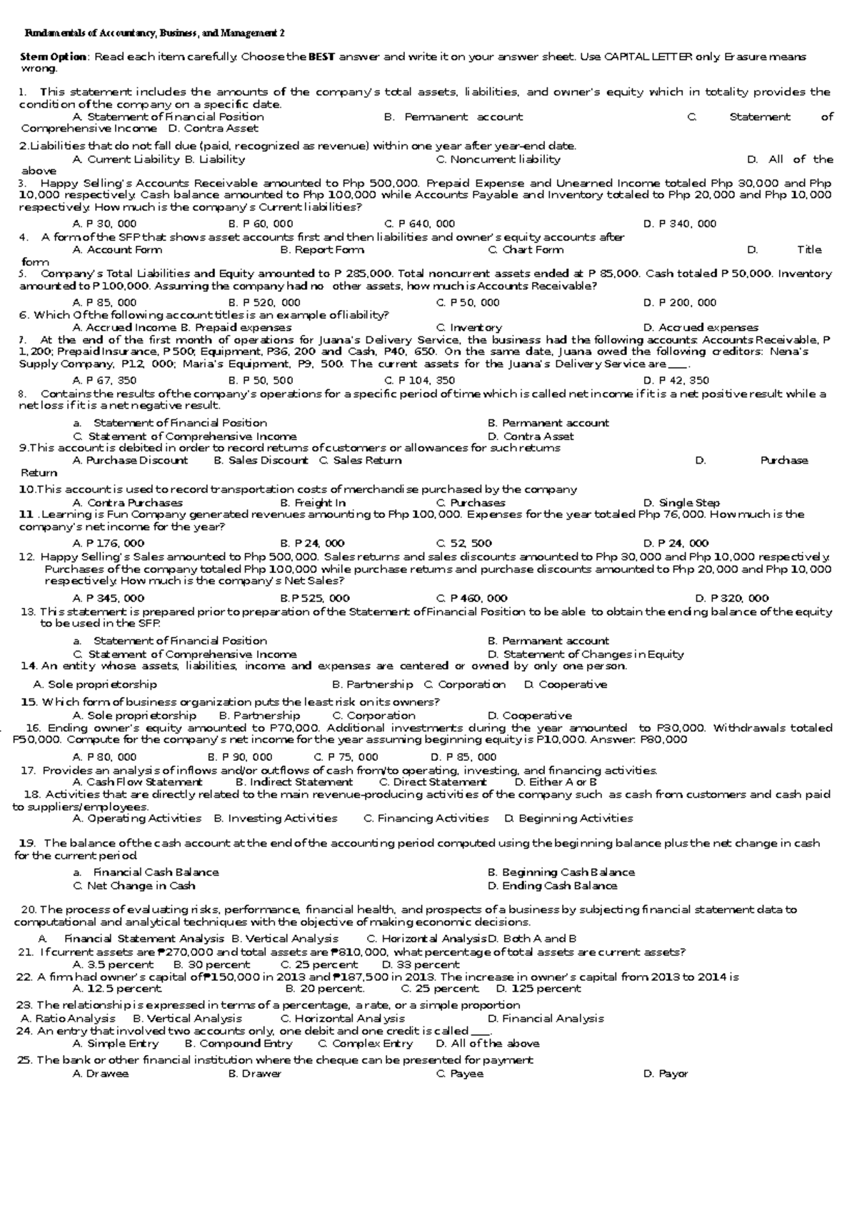 FABM 2 Diagnostic Test: Fundamentals of Accountancy, Business, and ...