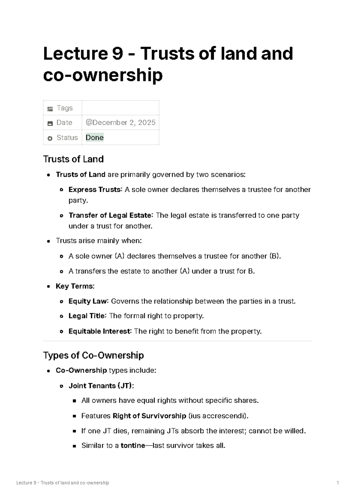 Land Law Lecture 9: Trusts of Land and Co-Ownership Overview - Studocu