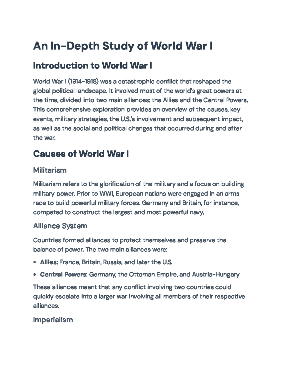 World History - An In-Depth Study of World War I (HIST 101) - An In ...