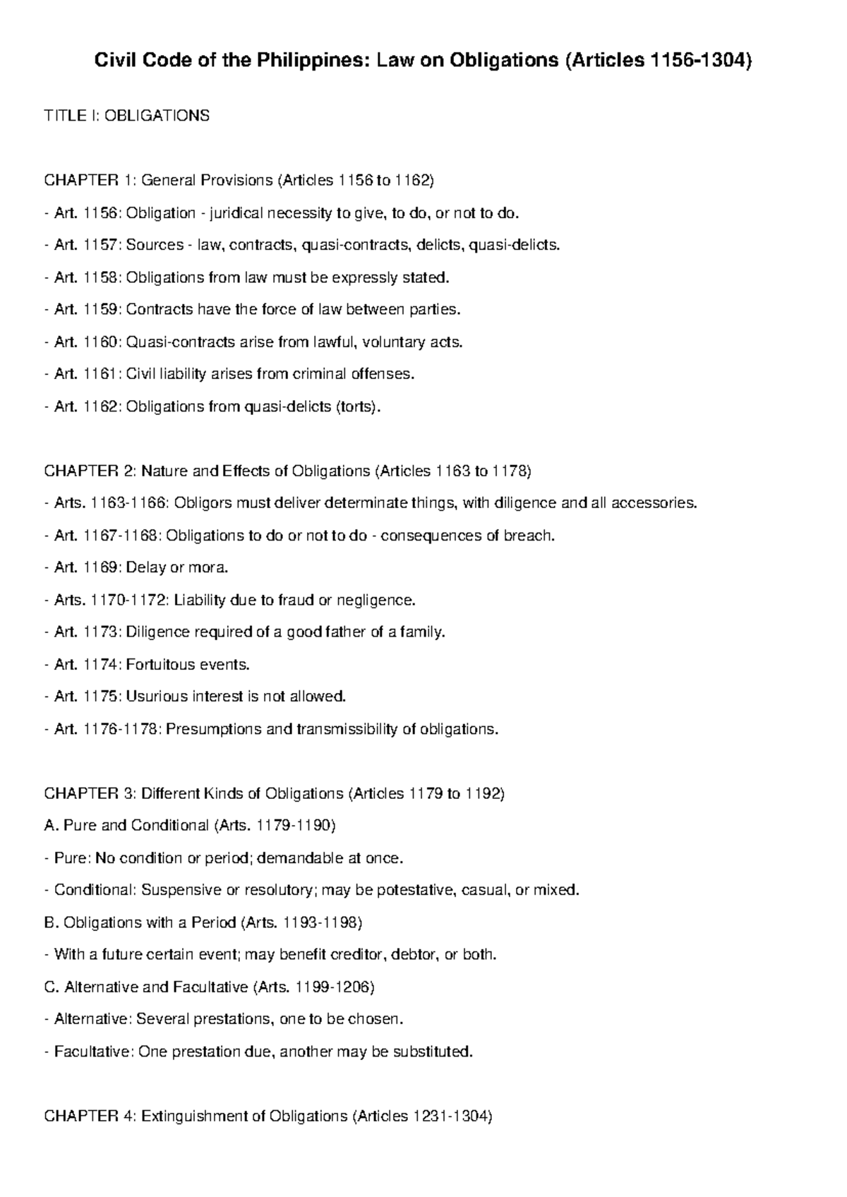 Civil Code of the Philippines: Summary of Obligations (Articles 1156 ...
