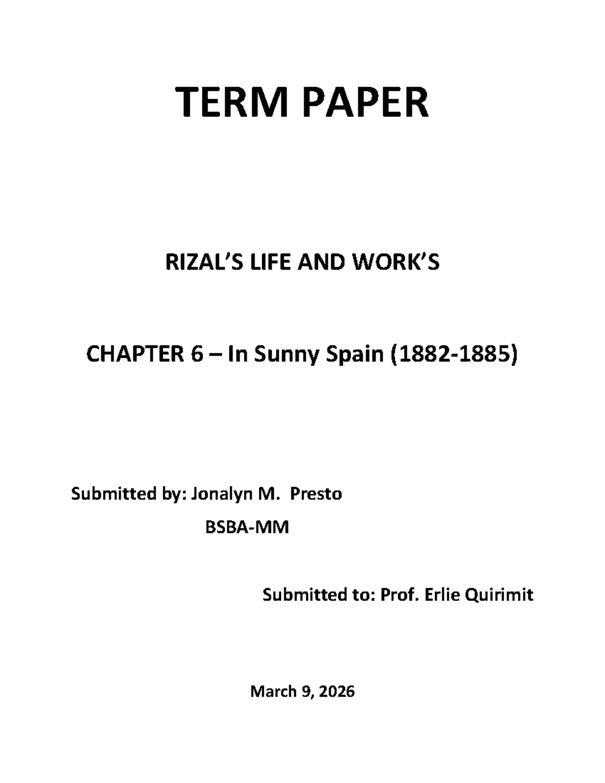 TERM PAPER: LIFE OF JOSE RIZAL IN CHAPTER 6 & 7 (LIT 101) - Studocu