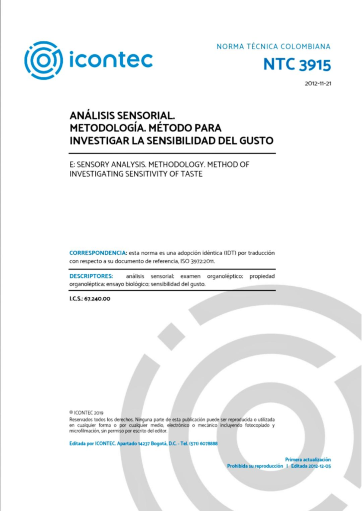 NTC 3915: Análisis Sensorial y Sensibilidad del Gusto (2012) - Document Preview