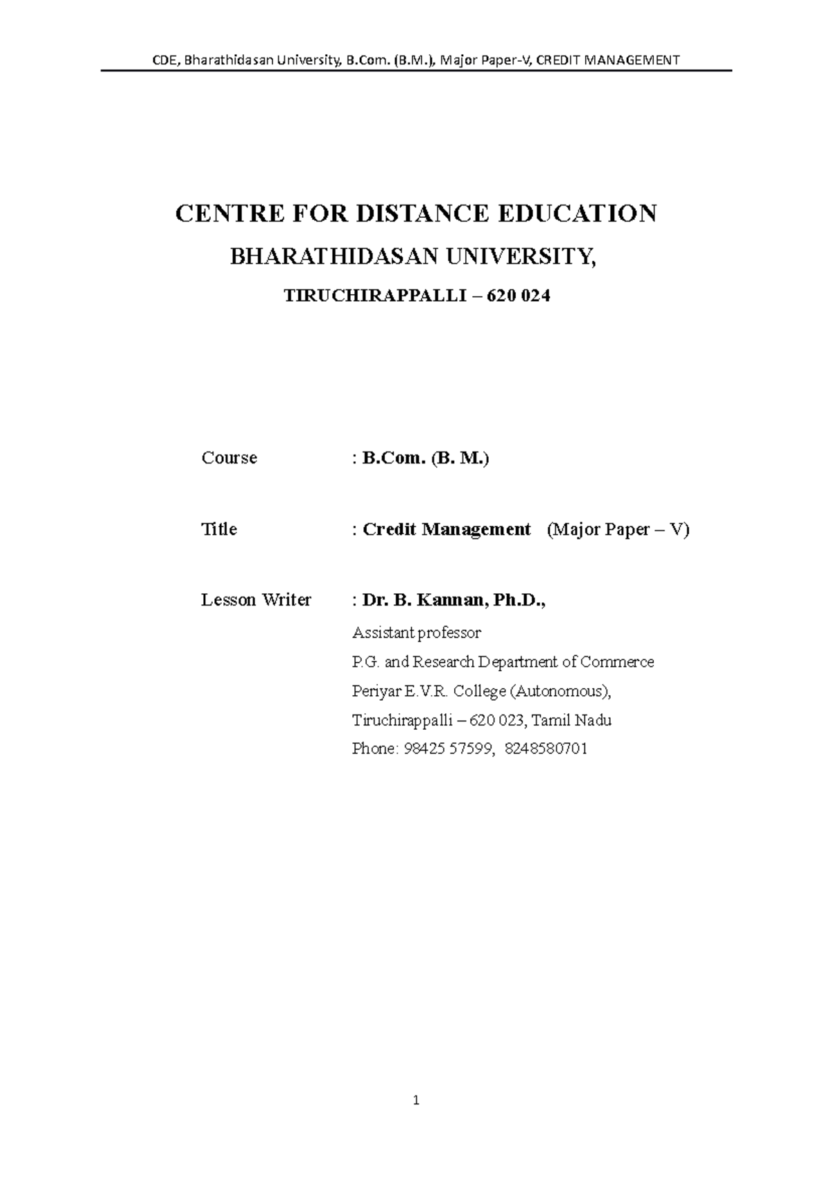 Credit management - This notes for all. - CENTRE FOR DISTANCE EDUCATION ...
