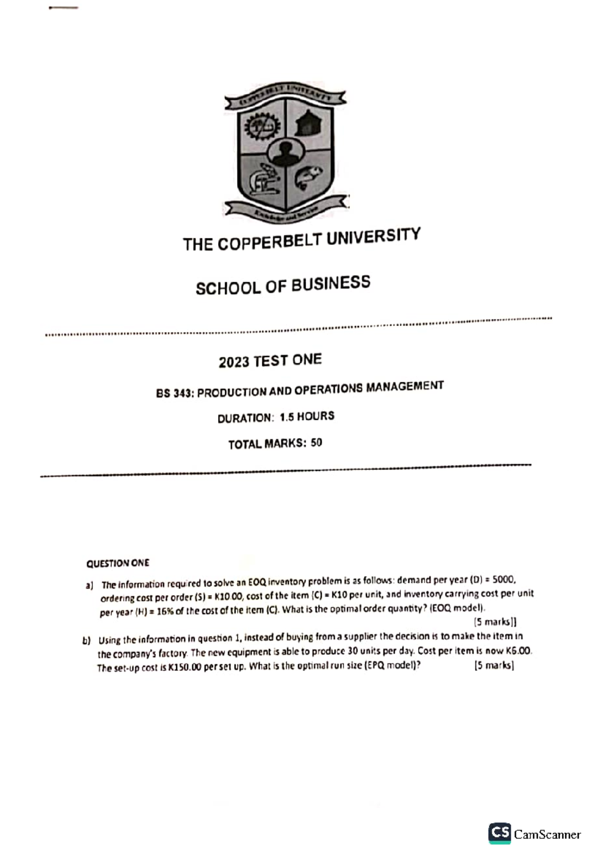 BS 343: Production & Operations Management Test 1 Practice 2023 - Studocu