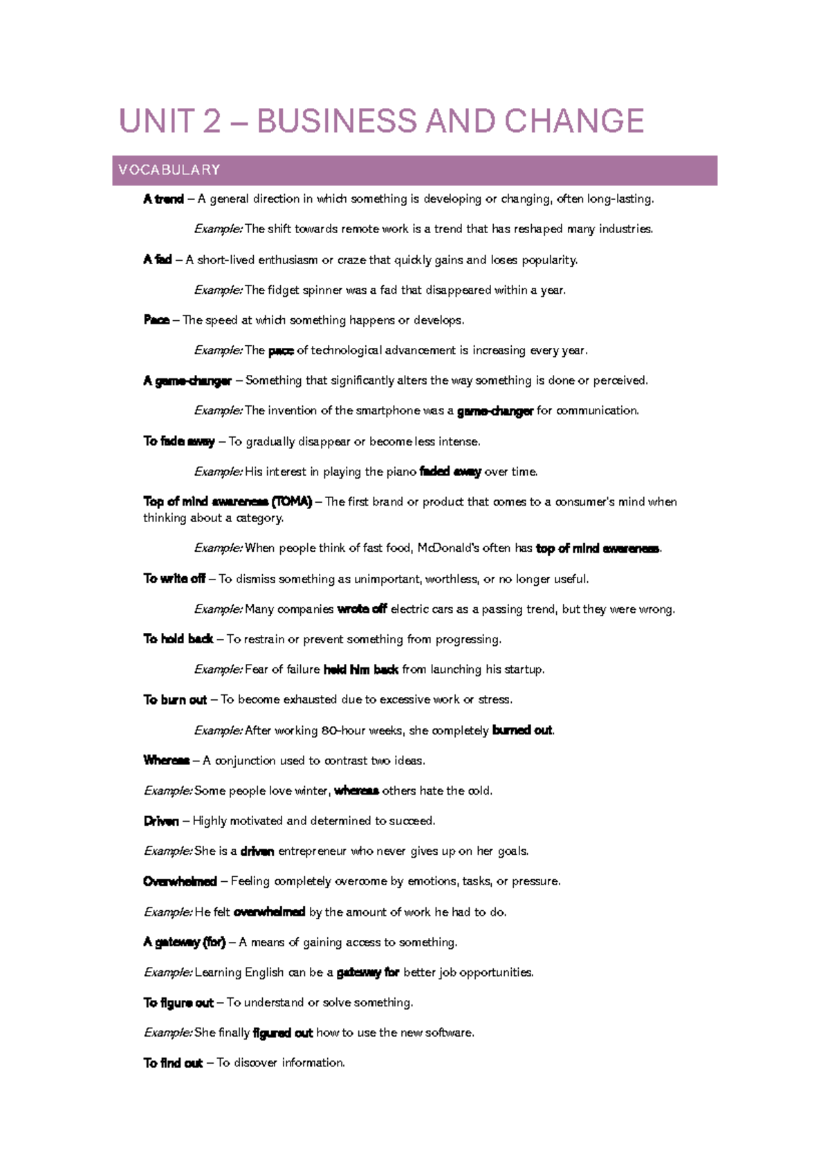 EBS II UNIT 2 - Business and Change Vocabulary Notes - Studocu