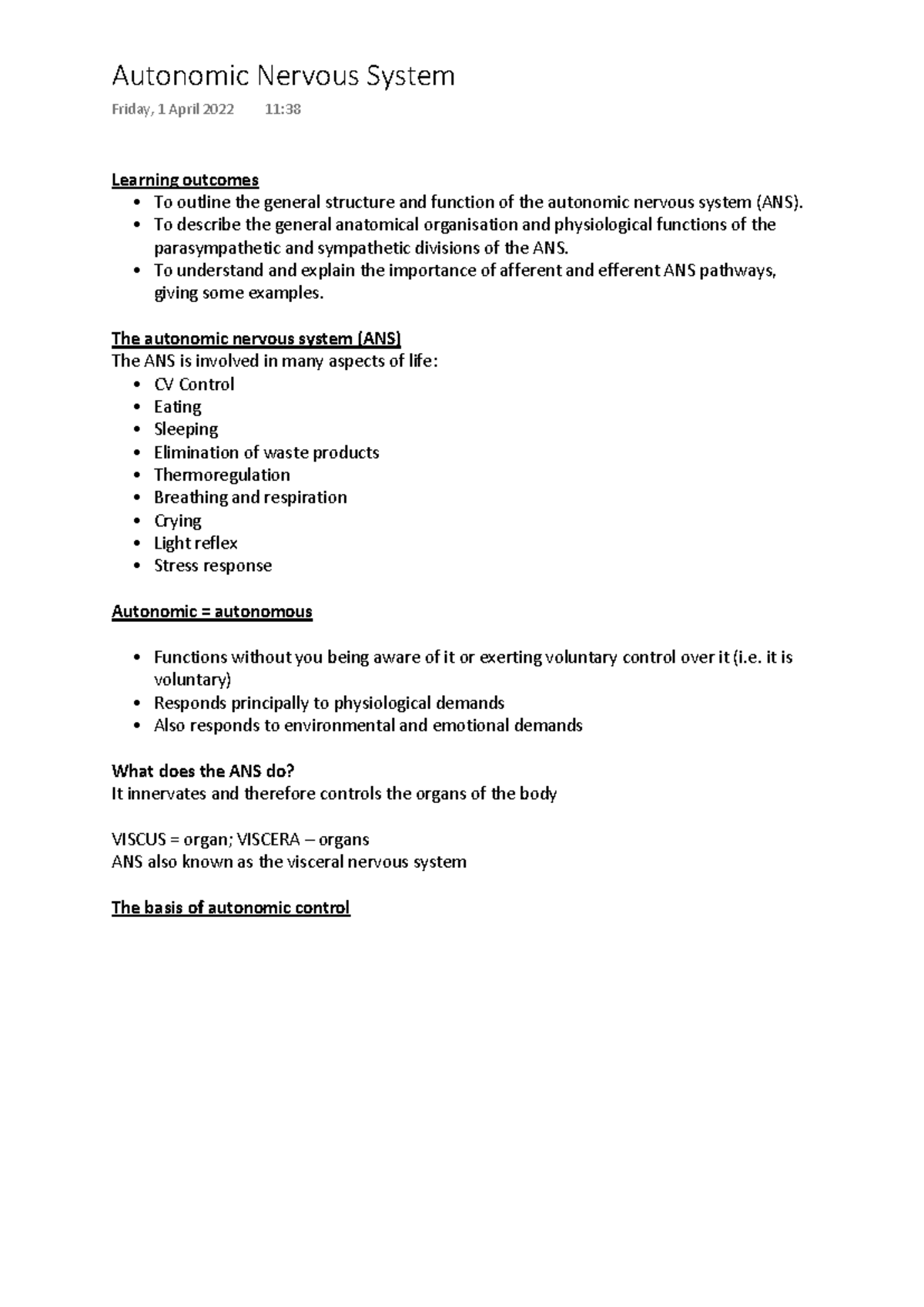 Autonomic - Sensory and motor systems - Learning outcomes - To outline ...