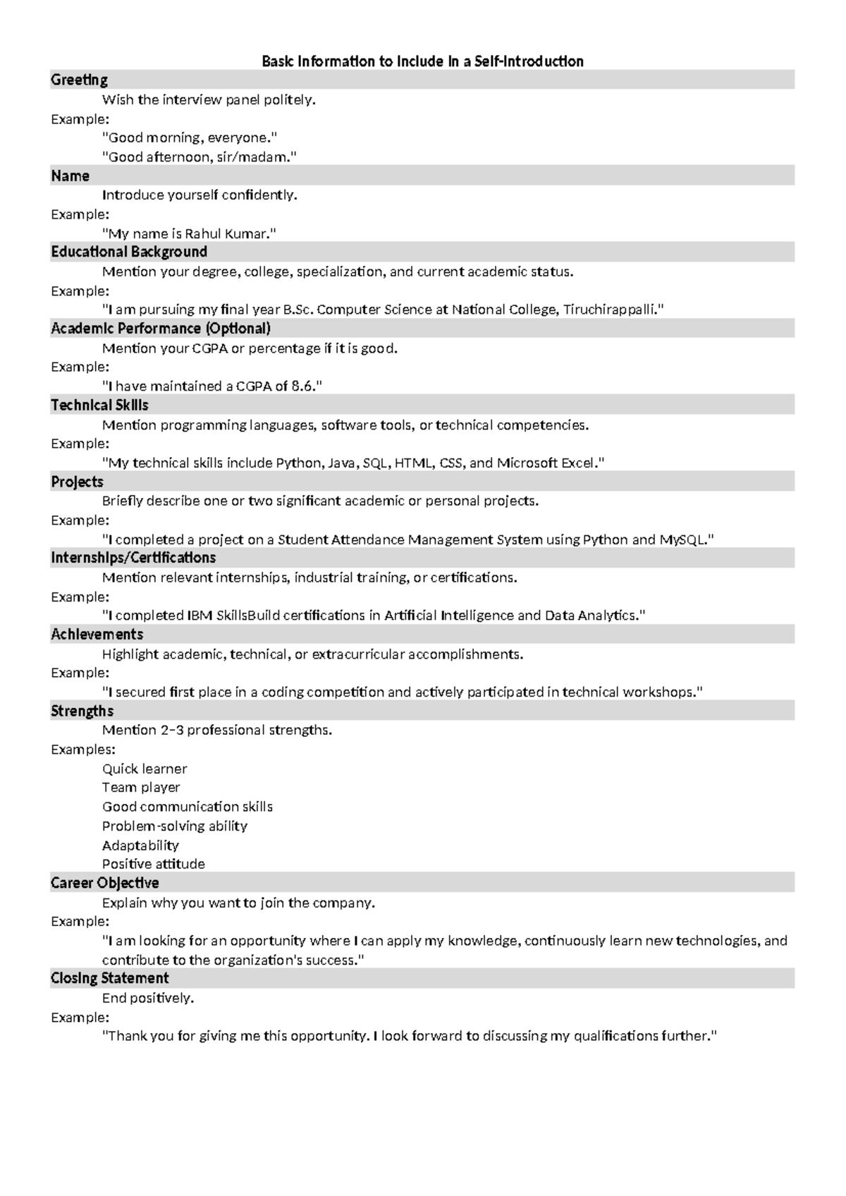 Self-Introduction Guide for Interviews: Key Points to Cover - Studocu