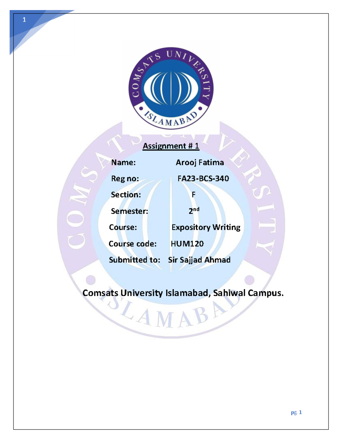 FA23-BCS-340(Expo) - THis is assign no 1 - pg. 1 1 Assignment # 1 Name ...