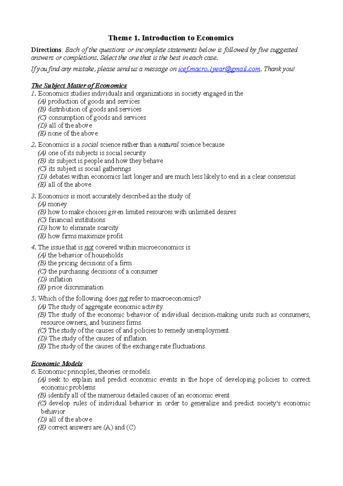 Introduction to Economics (ECON101) - Multiple Choice Questions Guide ...
