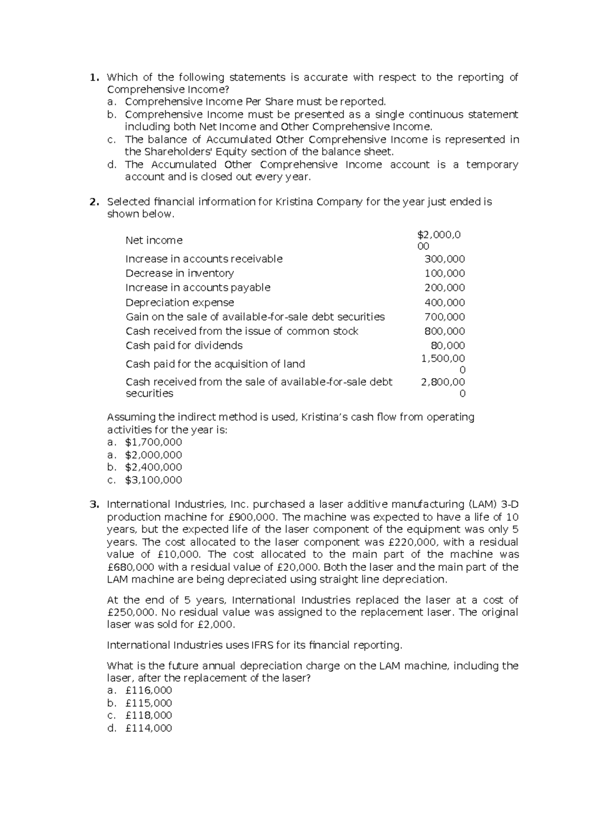 CMA Sample Questions on Comprehensive Income and Financial Reporting ...