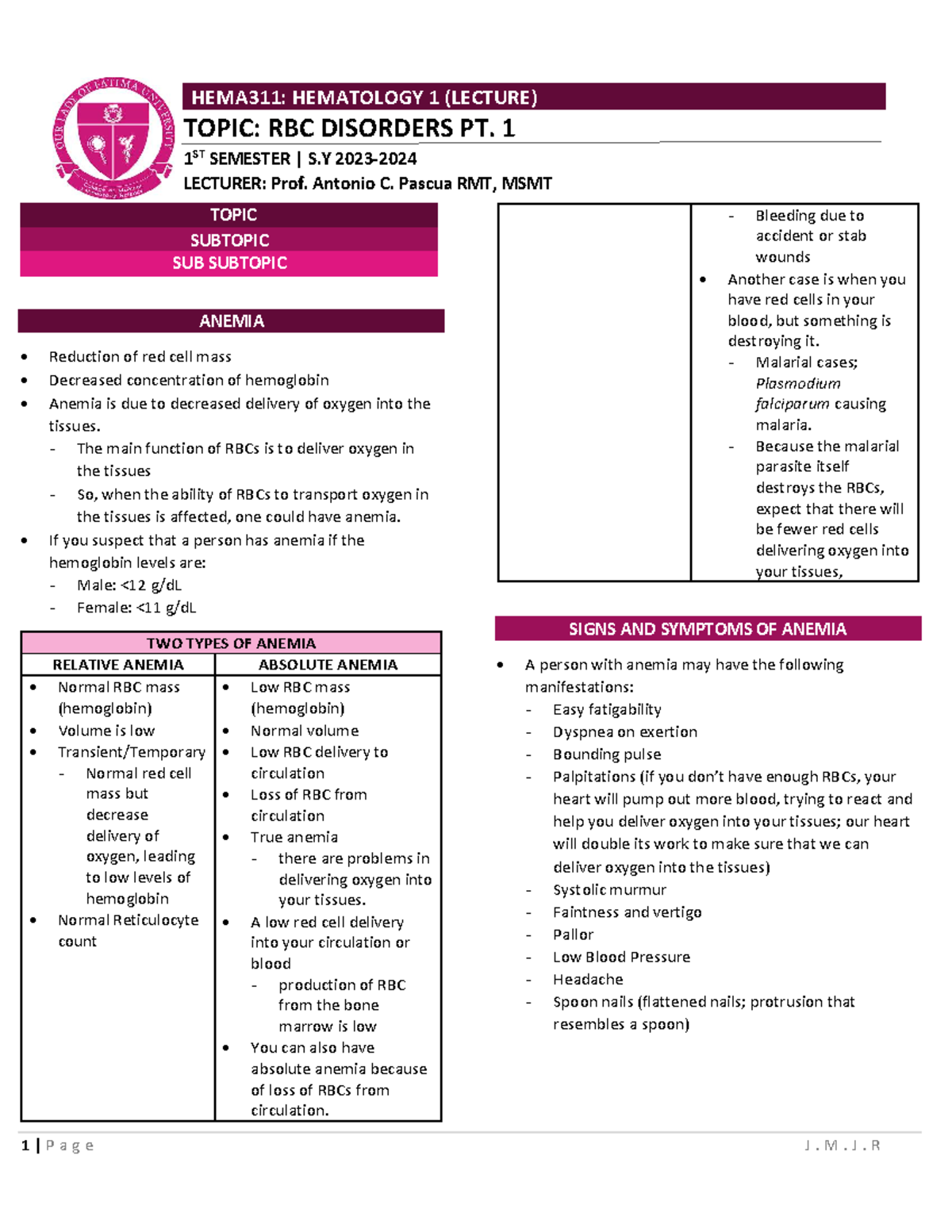 HEMA311: Hematology 1 (Lecture) - RBC Disorders Part 1 Notes - Studocu