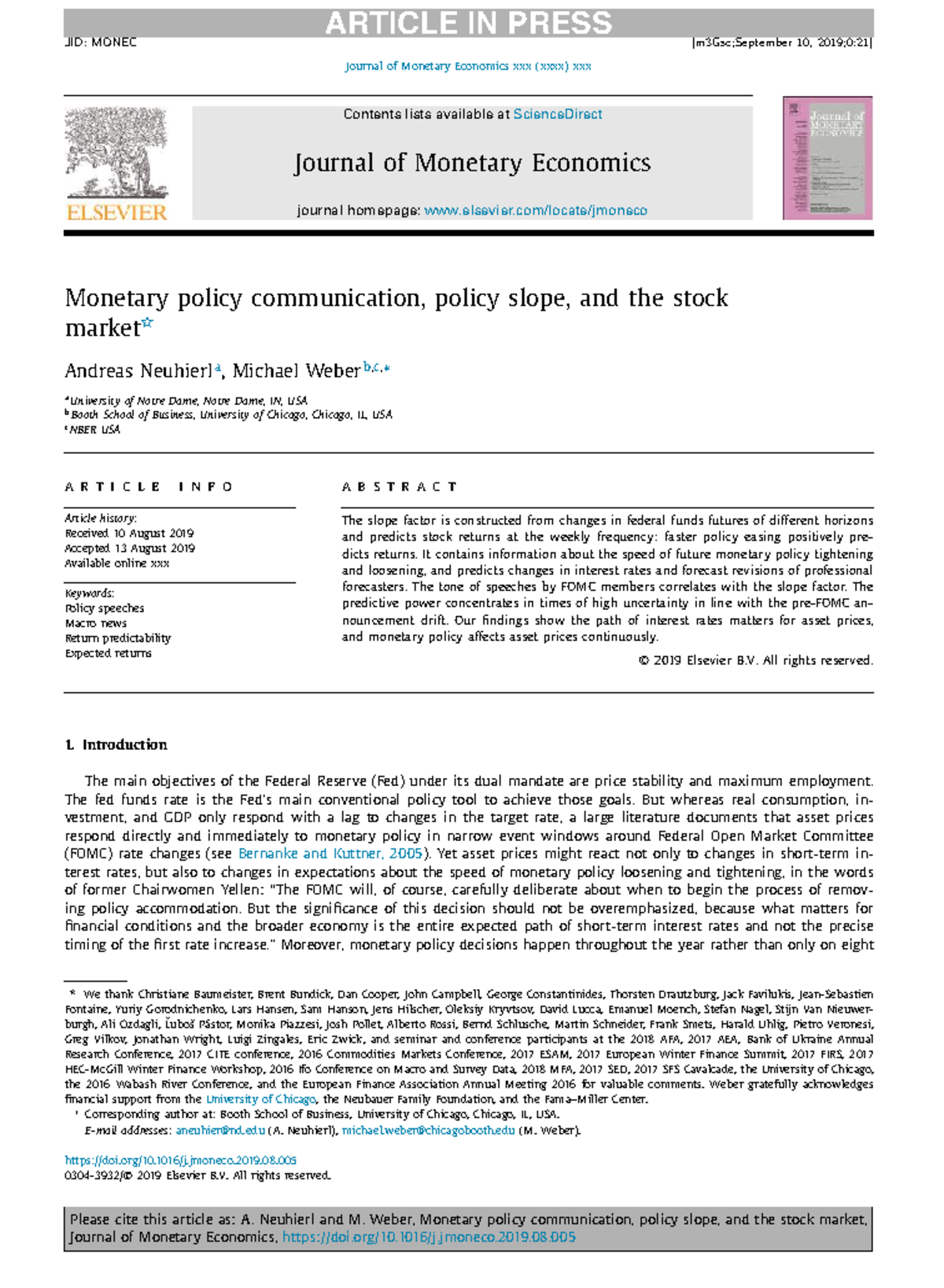 Monetary Policy Communication and Stock Market Dynamics (MONEC 10 ...
