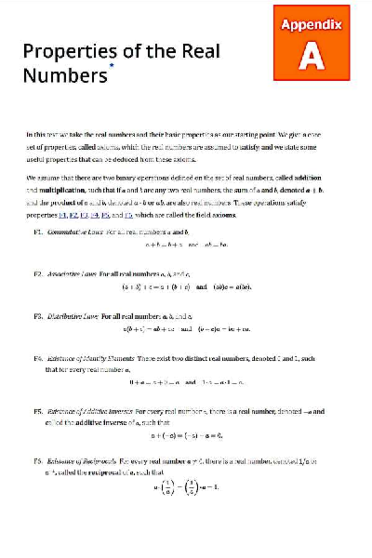 0b - appendix of the lecture numbers - Appendix Properties of the Real ...