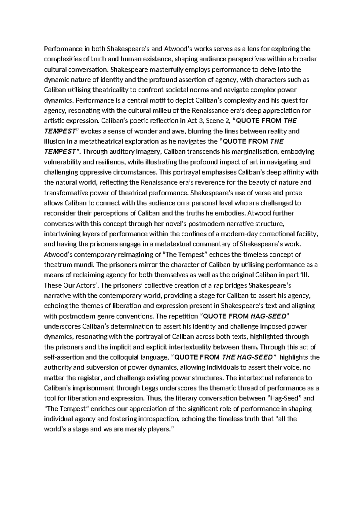 Sample Performance Paragraph - Performance in both Shakespeare’s and ...