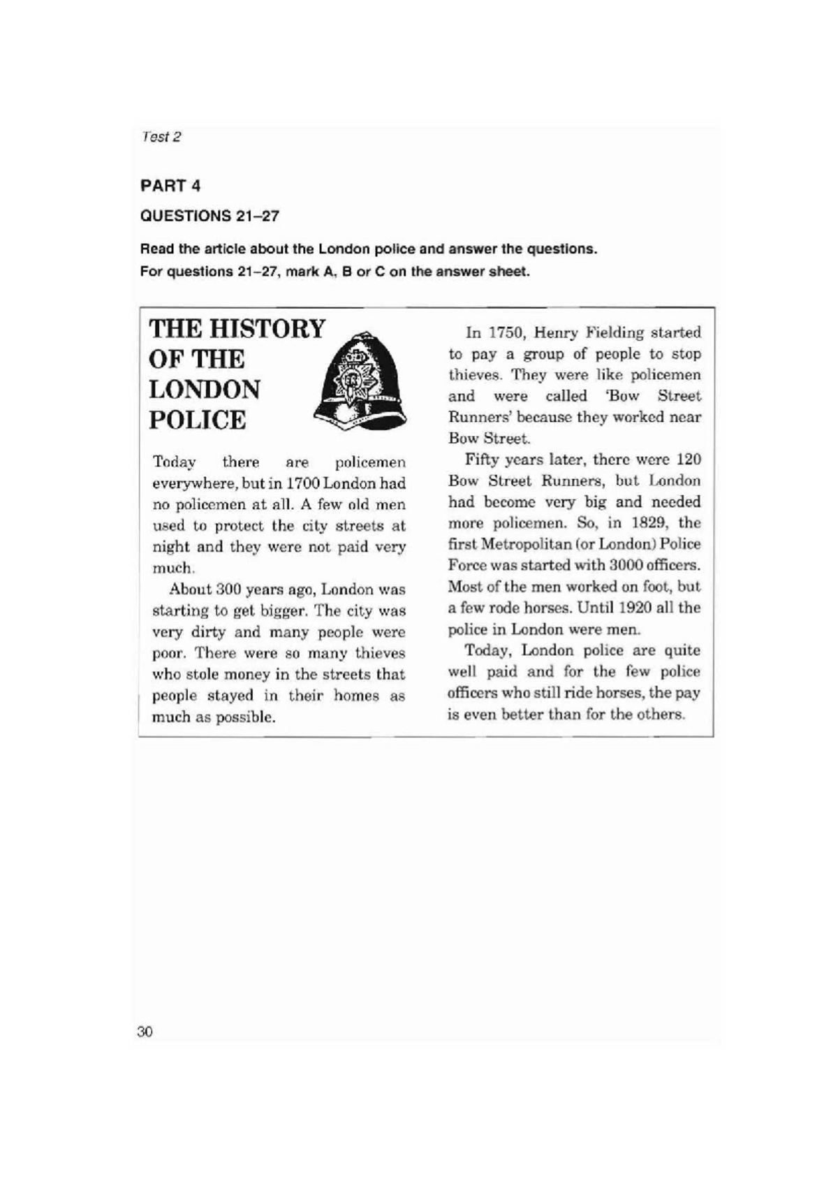 Test 2 Reading and Writing Questions on London Police History and More ...