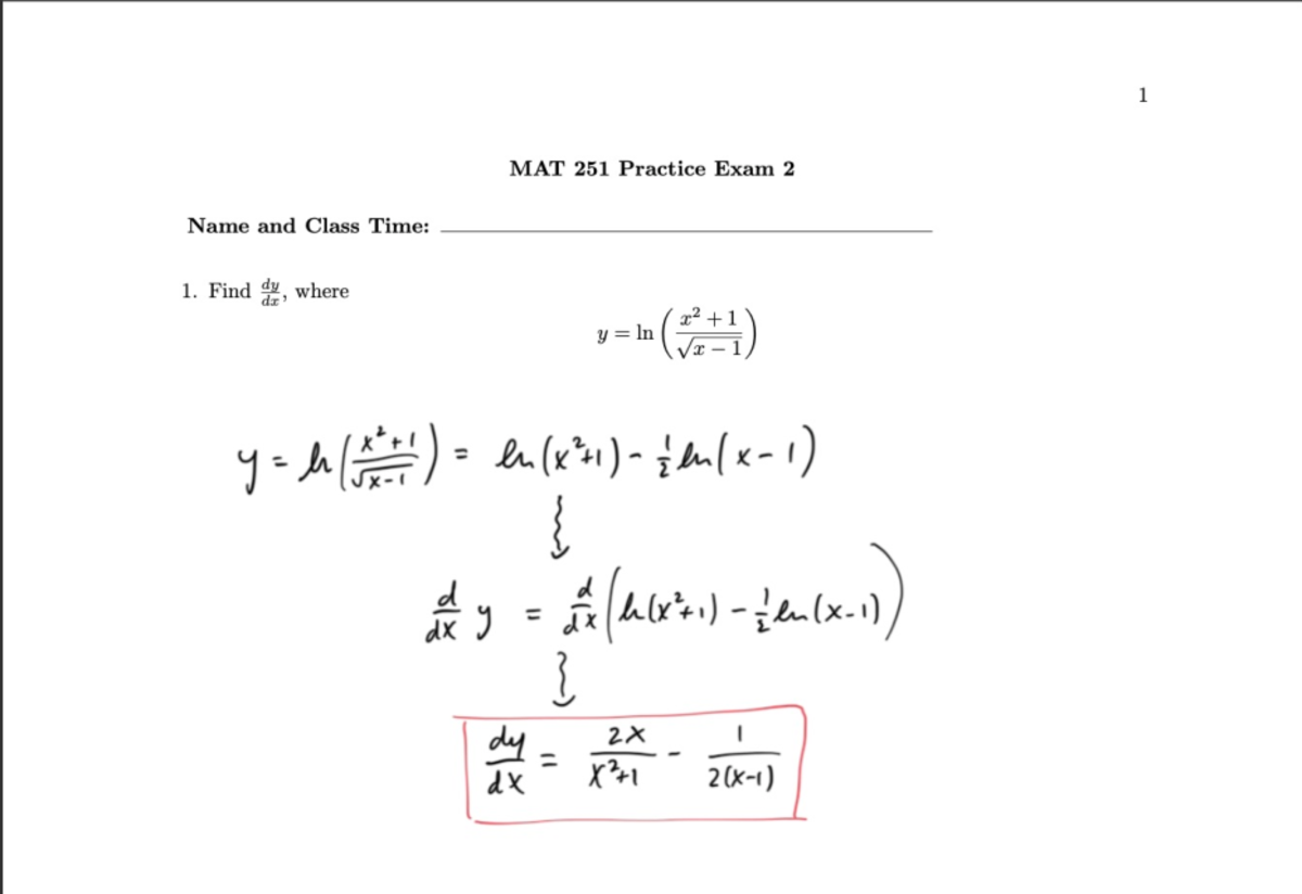 MAT251 Practice Exam 2 Solutions - Derivatives and Critical Values ...