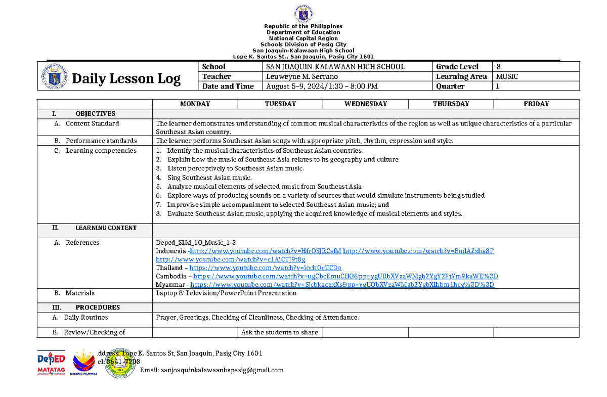 1Q-Music-DLL - Daily Lesson Plan on Southeast Asian Music - Studocu
