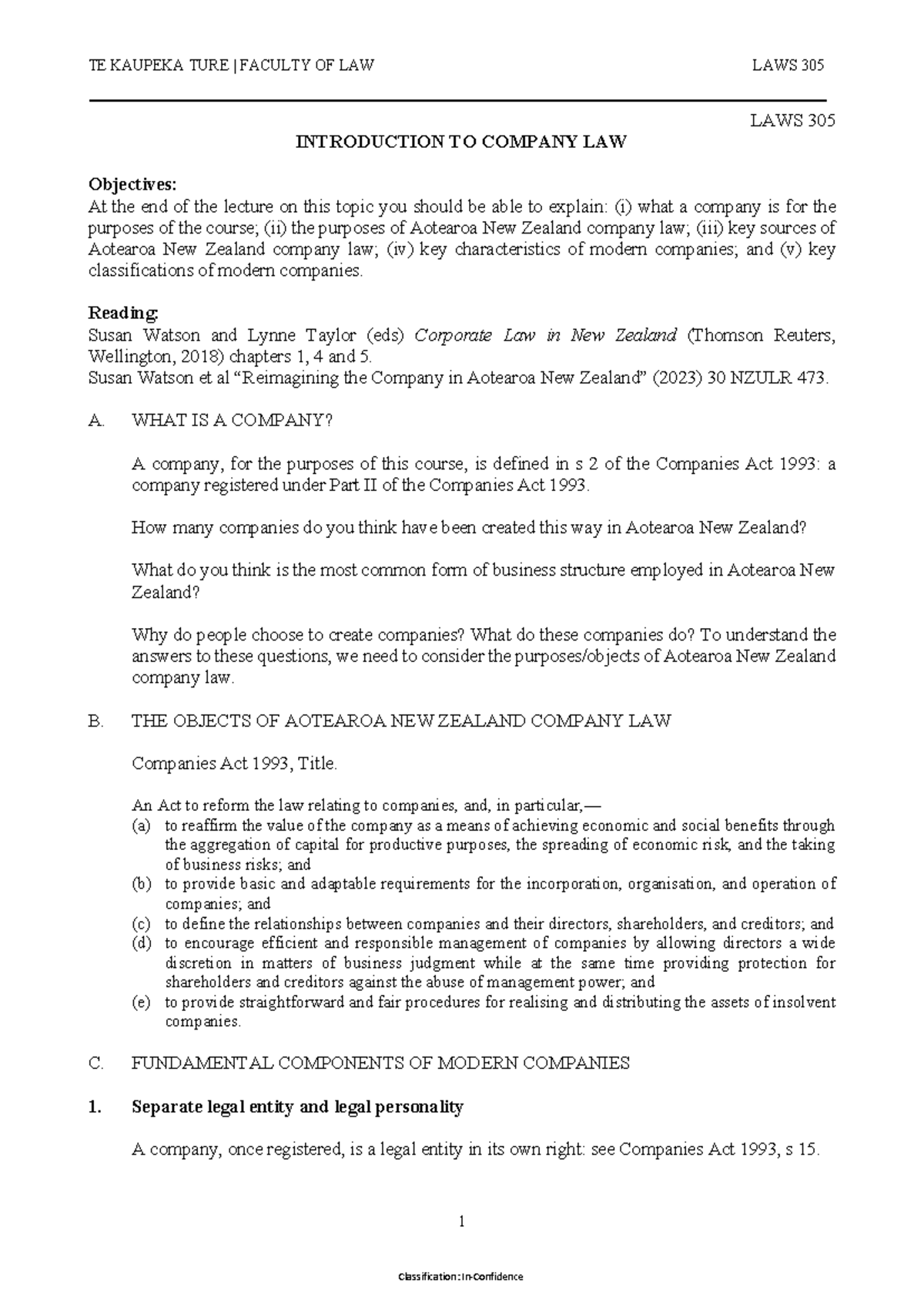 LAWS 305 Week 1 - Intro to Company Law Overview and Key Concepts - Studocu