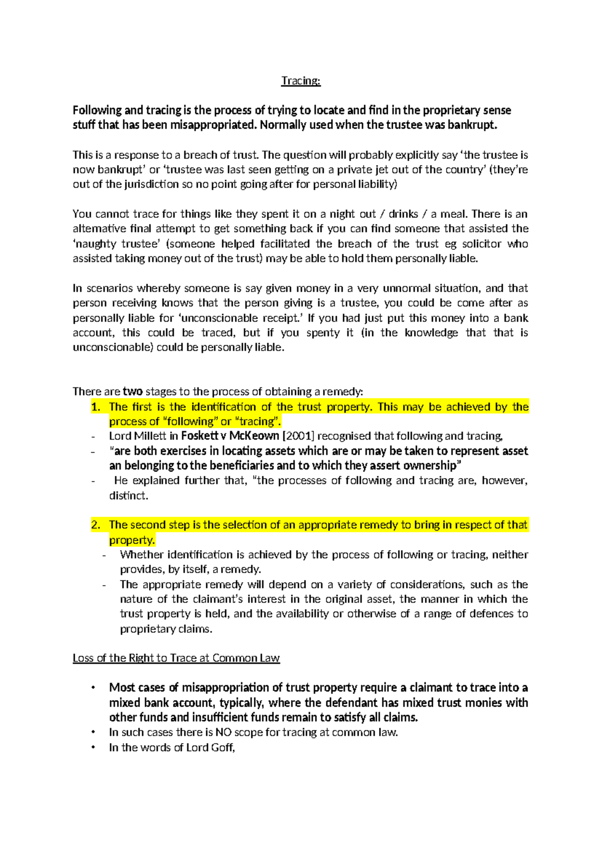 Tracing in Trust Law: Key Concepts and Case Analysis - Lecture Notes ...
